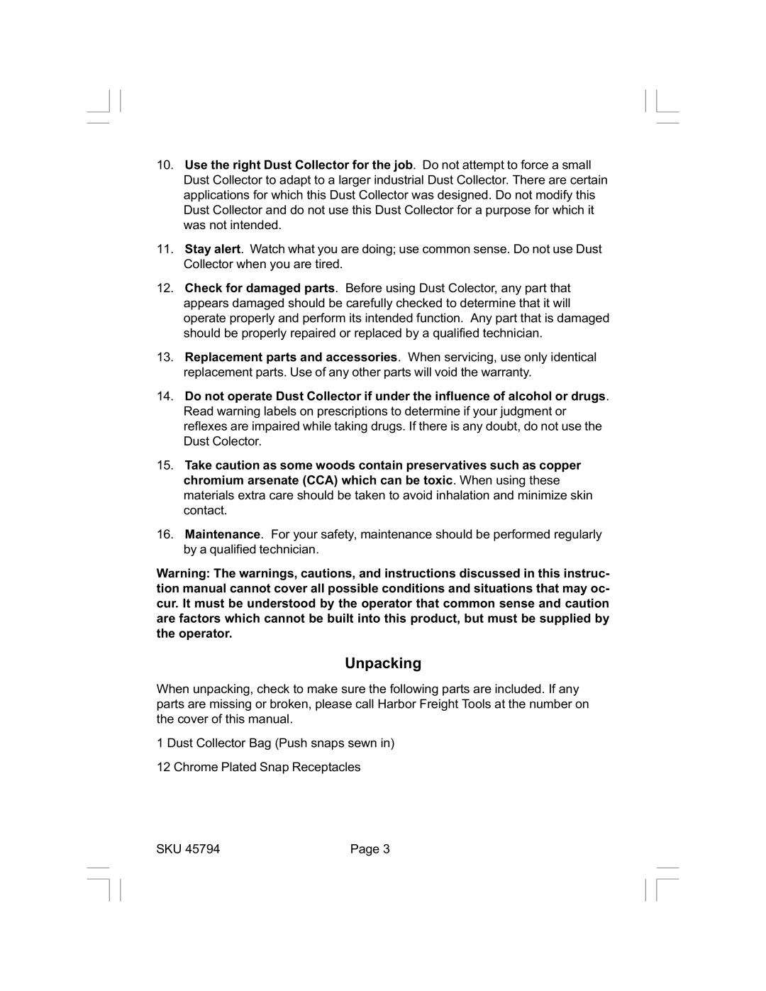 Harbor Freight Tools 45794 operating instructions Unpacking 