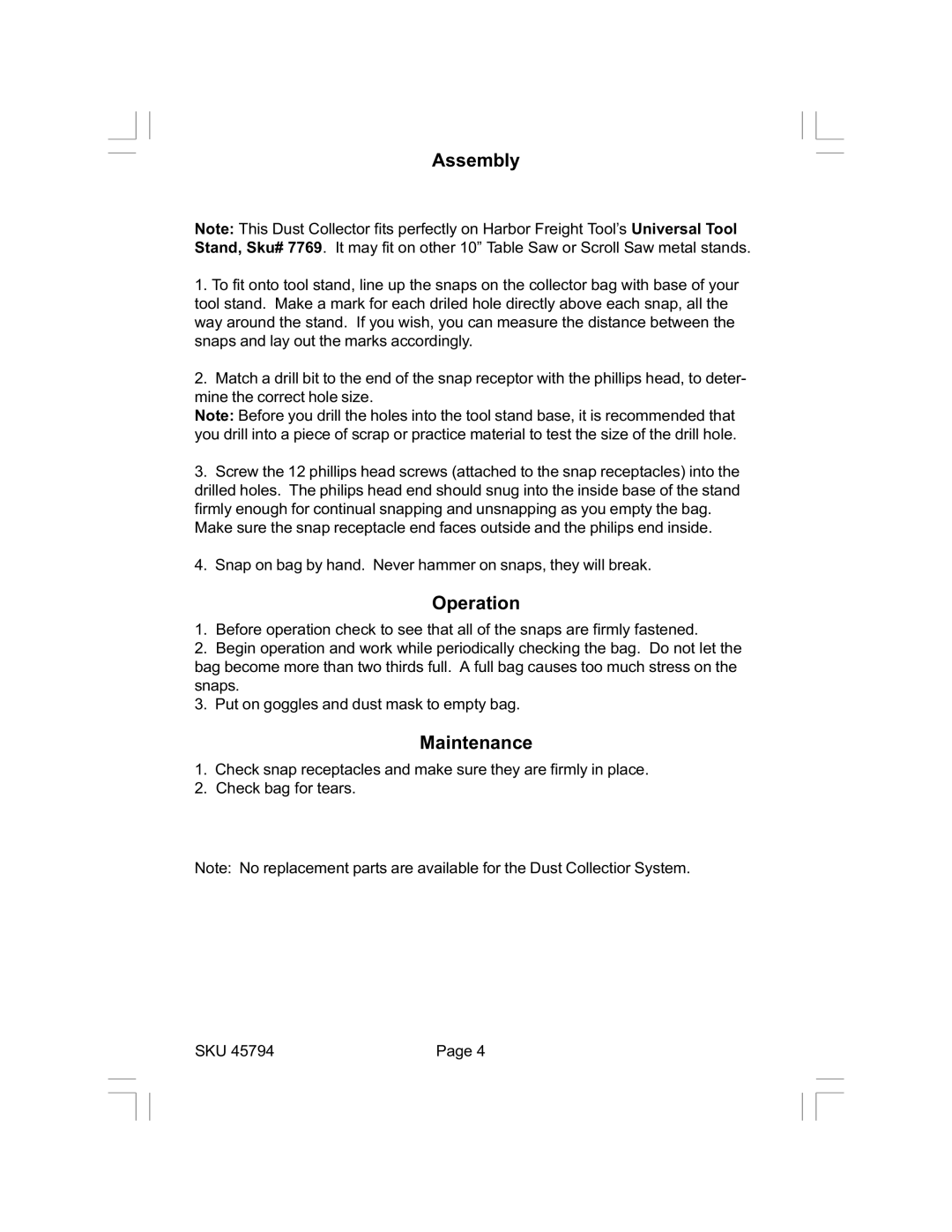 Harbor Freight Tools 45794 operating instructions Assembly, Operation, Maintenance 