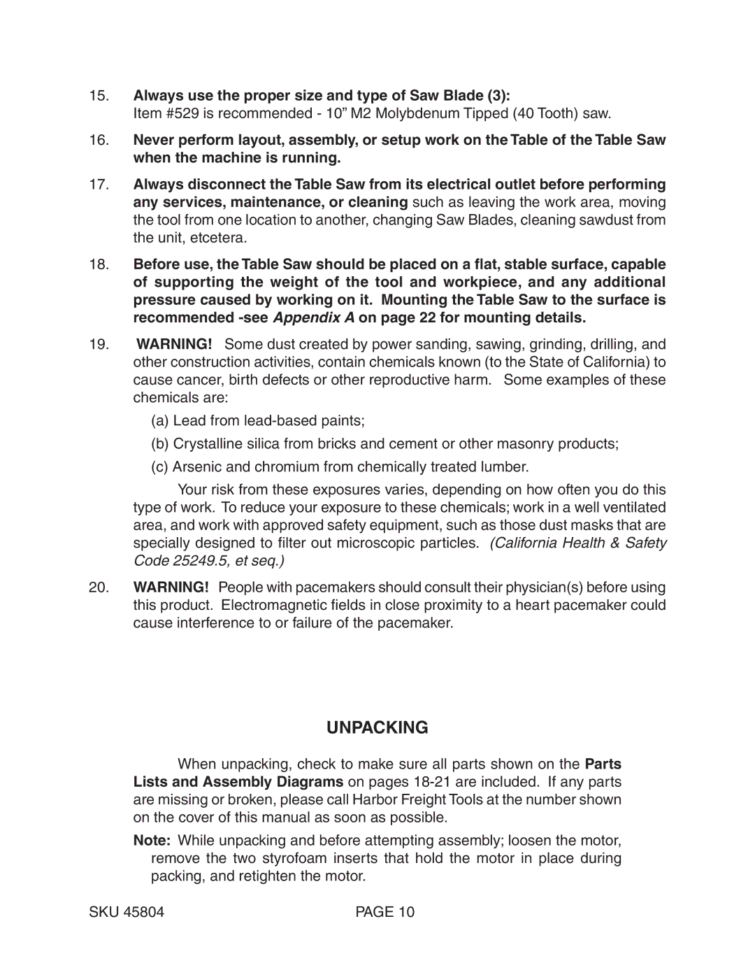 Harbor Freight Tools 45804 manual Unpacking, Always use the proper size and type of Saw Blade 