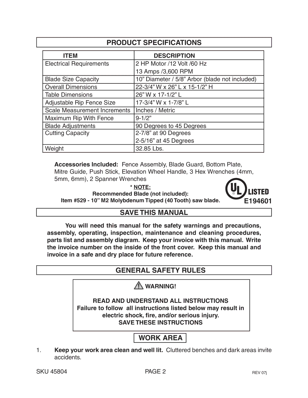 Harbor Freight Tools 45804 manual Product Specifications, Save this Manual, General Safety Rules, Work Area 