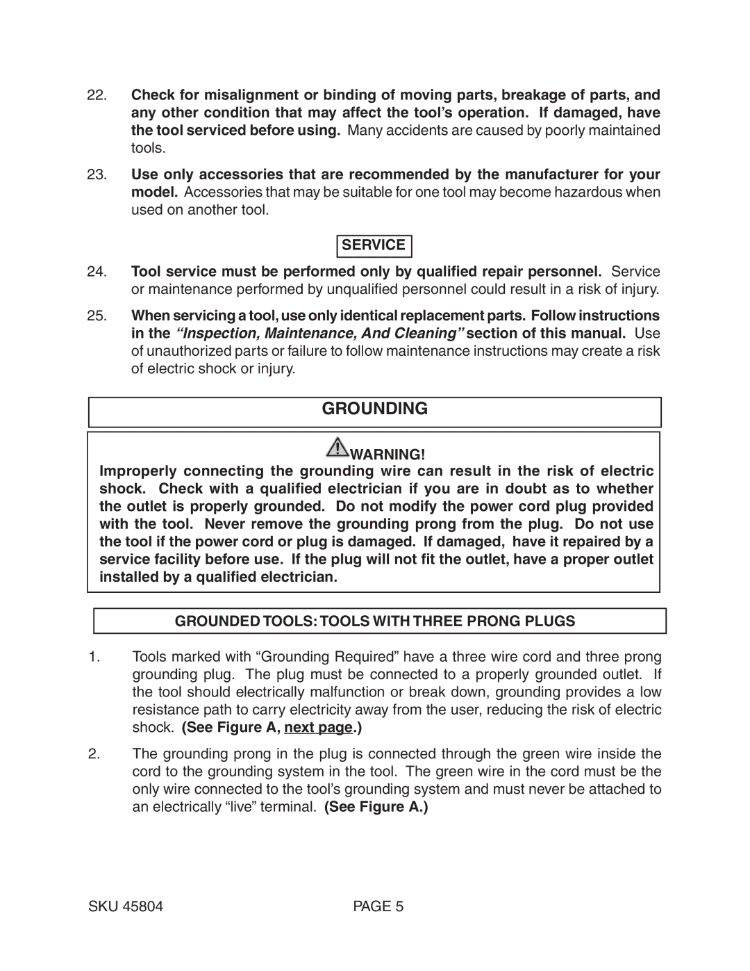 Harbor Freight Tools 45804 manual Grounding, Service, Grounded Tools Tools with Three Prong Plugs 