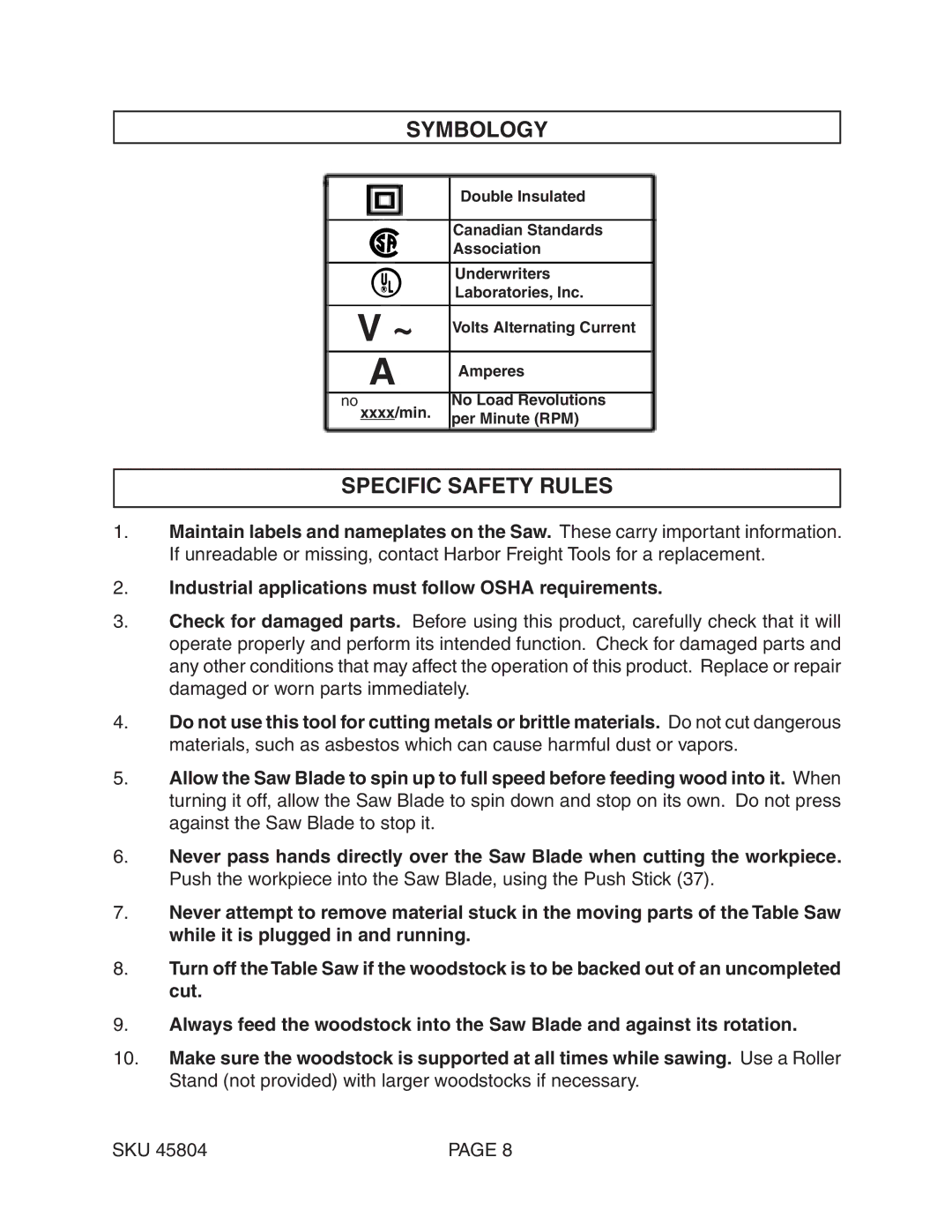 Harbor Freight Tools 45804 manual Symbology, Specific Safety Rules 