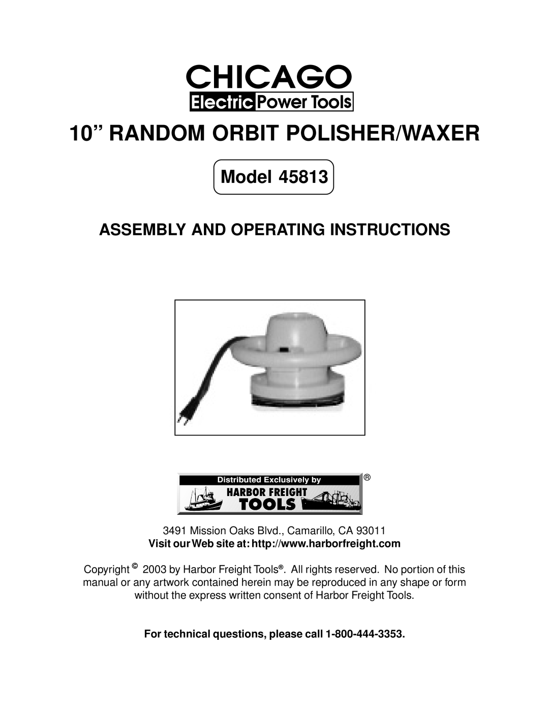 Harbor Freight Tools 45813 operating instructions Random Orbit POLISHER/WAXER, For technical questions, please call 