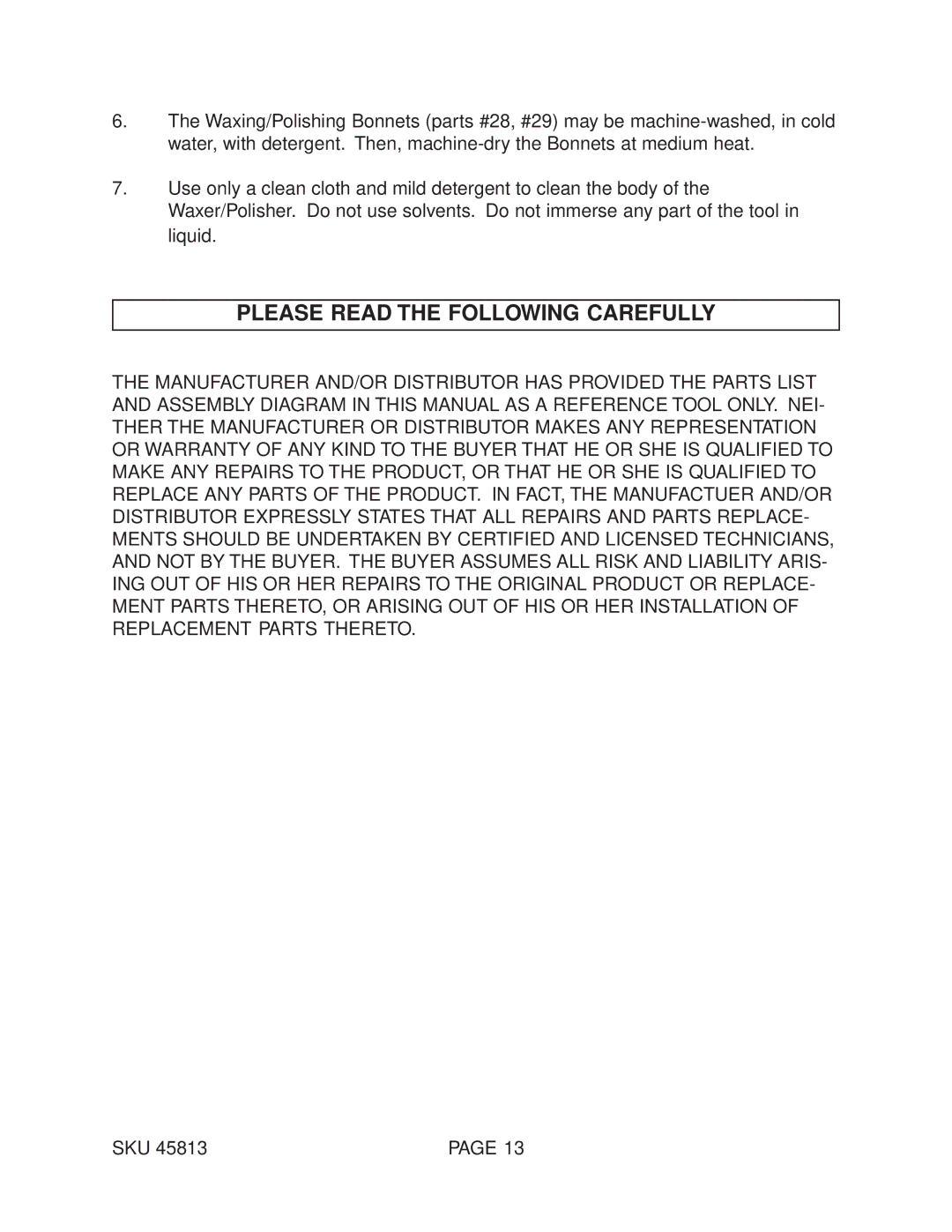 Harbor Freight Tools 45813 operating instructions Please Read the Following Carefully 