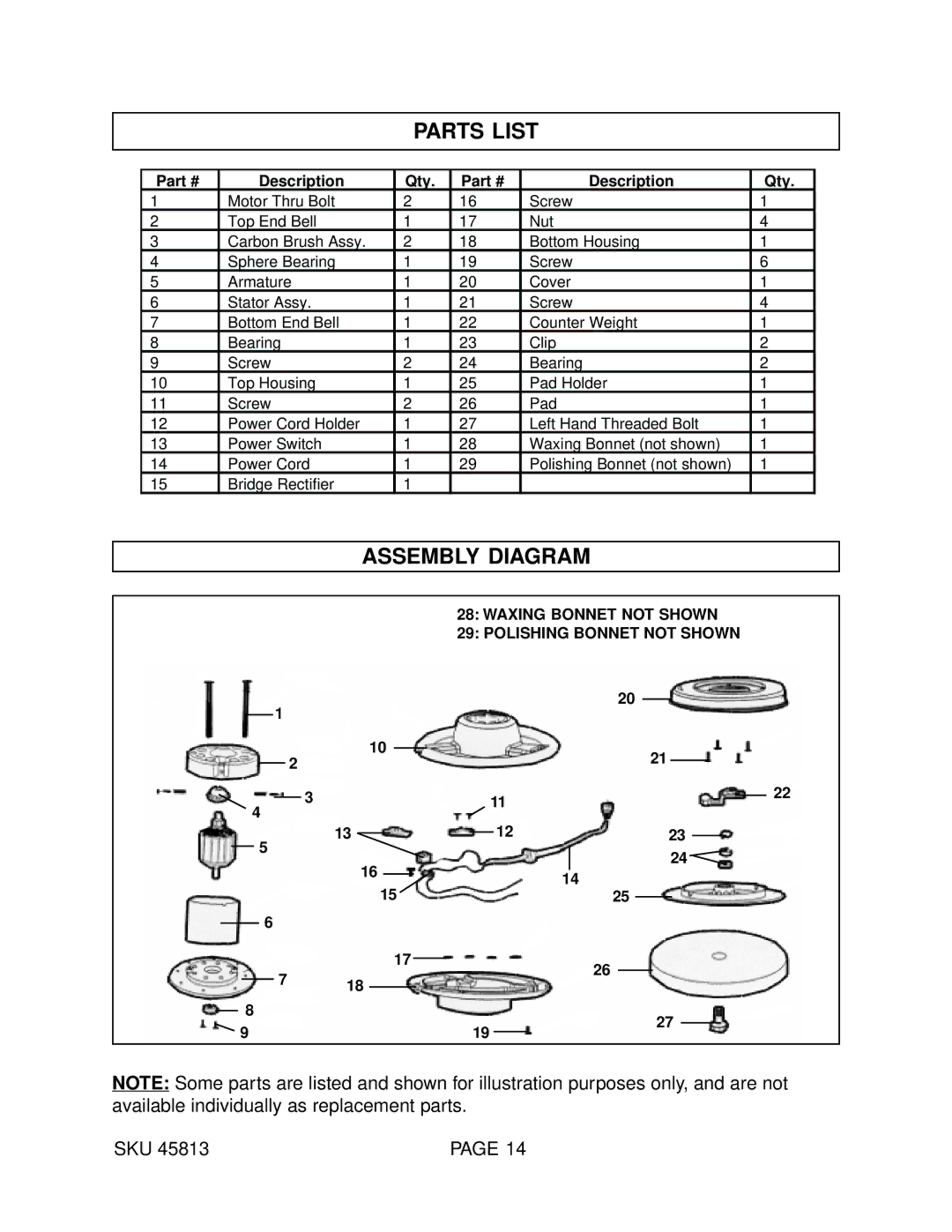 Harbor Freight Tools 45813 operating instructions Parts List, Assembly Diagram 