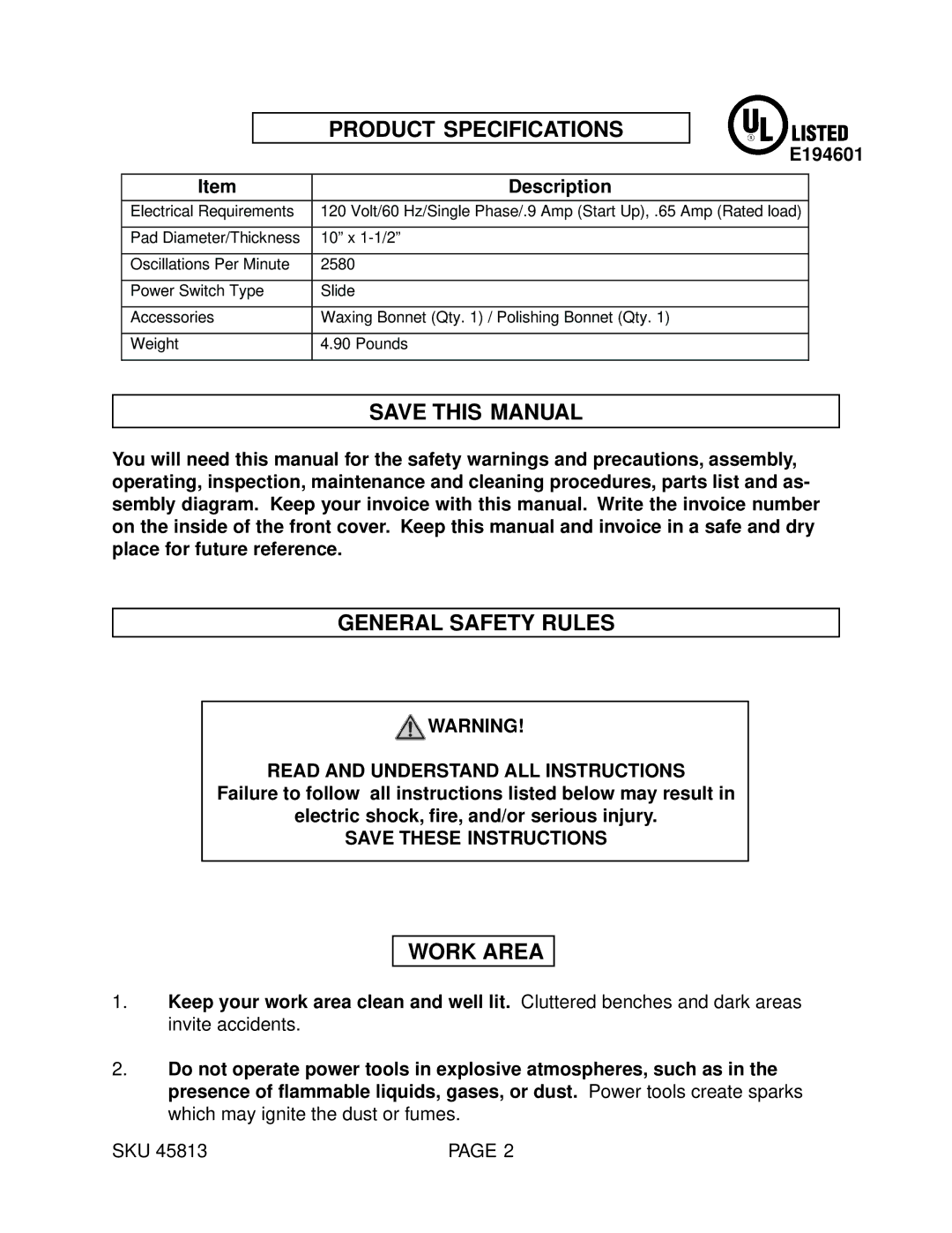 Harbor Freight Tools 45813 operating instructions Product Specifications, Save this Manual, General Safety Rules, Work Area 