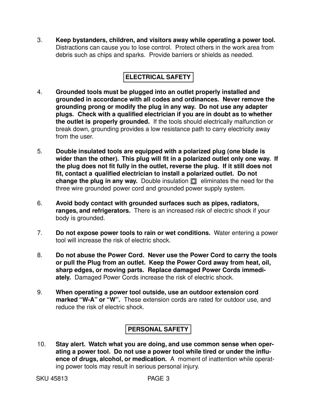 Harbor Freight Tools 45813 operating instructions Electrical Safety, Personal Safety 