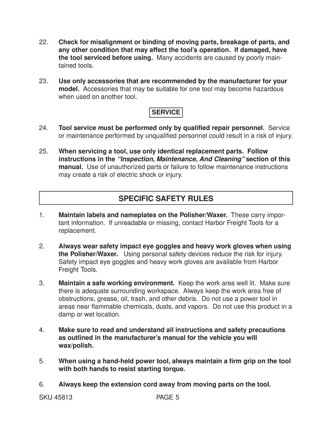 Harbor Freight Tools 45813 operating instructions Specific Safety Rules, Service 