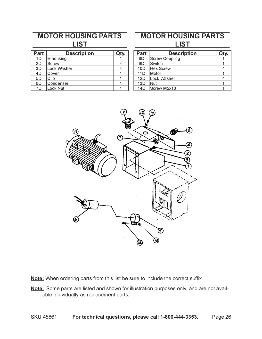 Harbor Freight Tools 45861 operating instructions Motor housing Parts List 