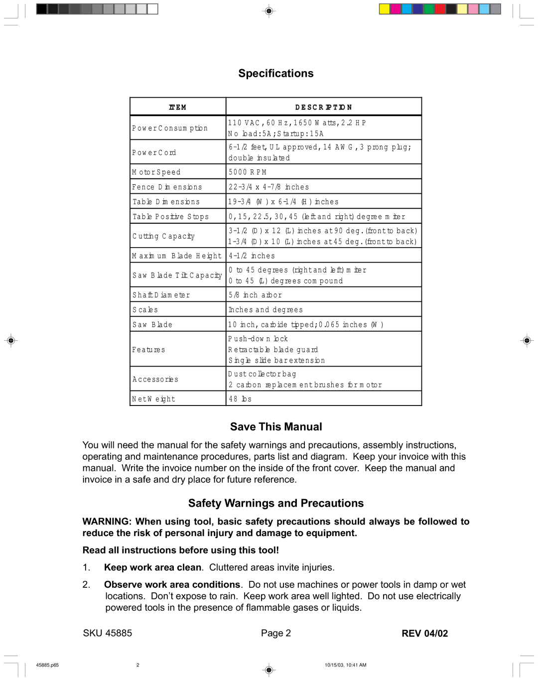 Harbor Freight Tools 45885 operating instructions Specifications, Save This Manual, Safety Warnings and Precautions 