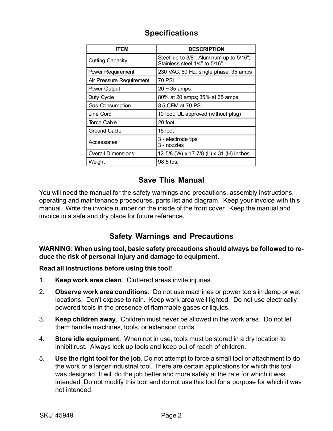 Harbor Freight Tools 45949 operating instructions Specifications Save This Manual, Safety Warnings and Precautions 