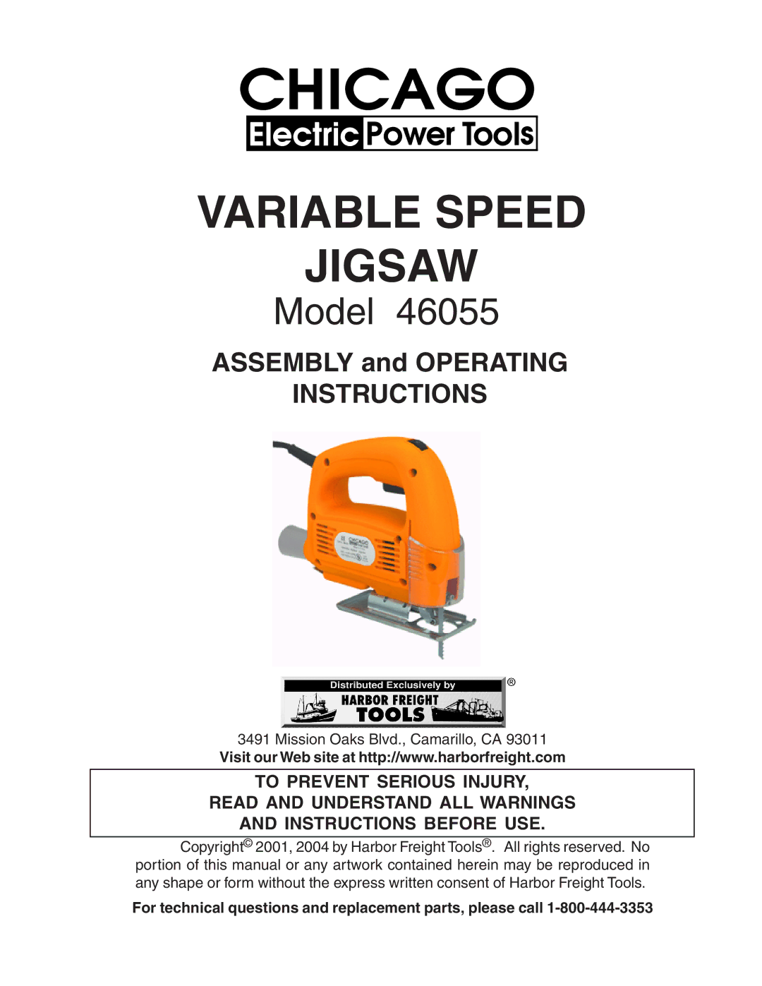 Harbor Freight Tools 46055 operating instructions Variable Speed Jigsaw 