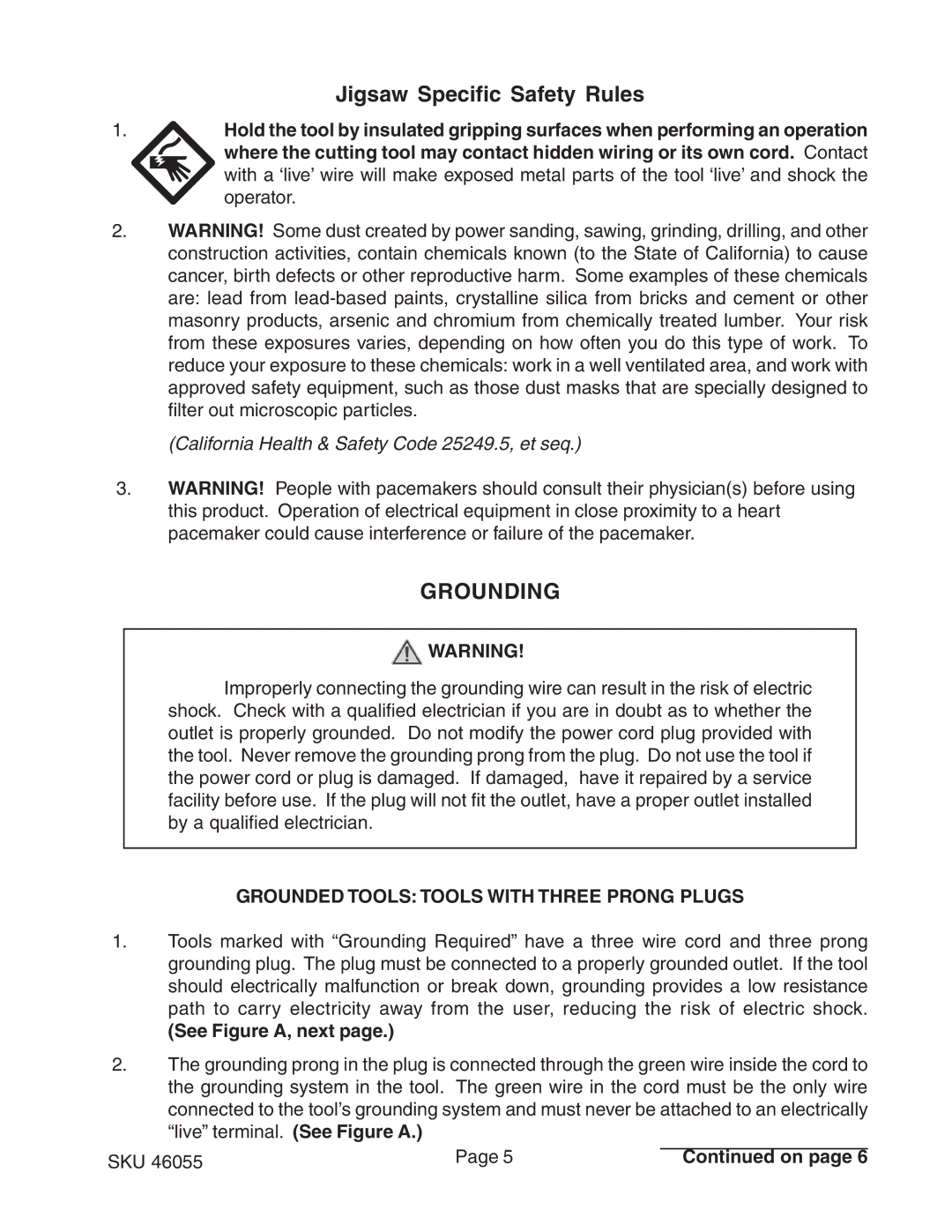 Harbor Freight Tools 46055 operating instructions Jigsaw Specific Safety Rules, Grounding, See Figure A, next 