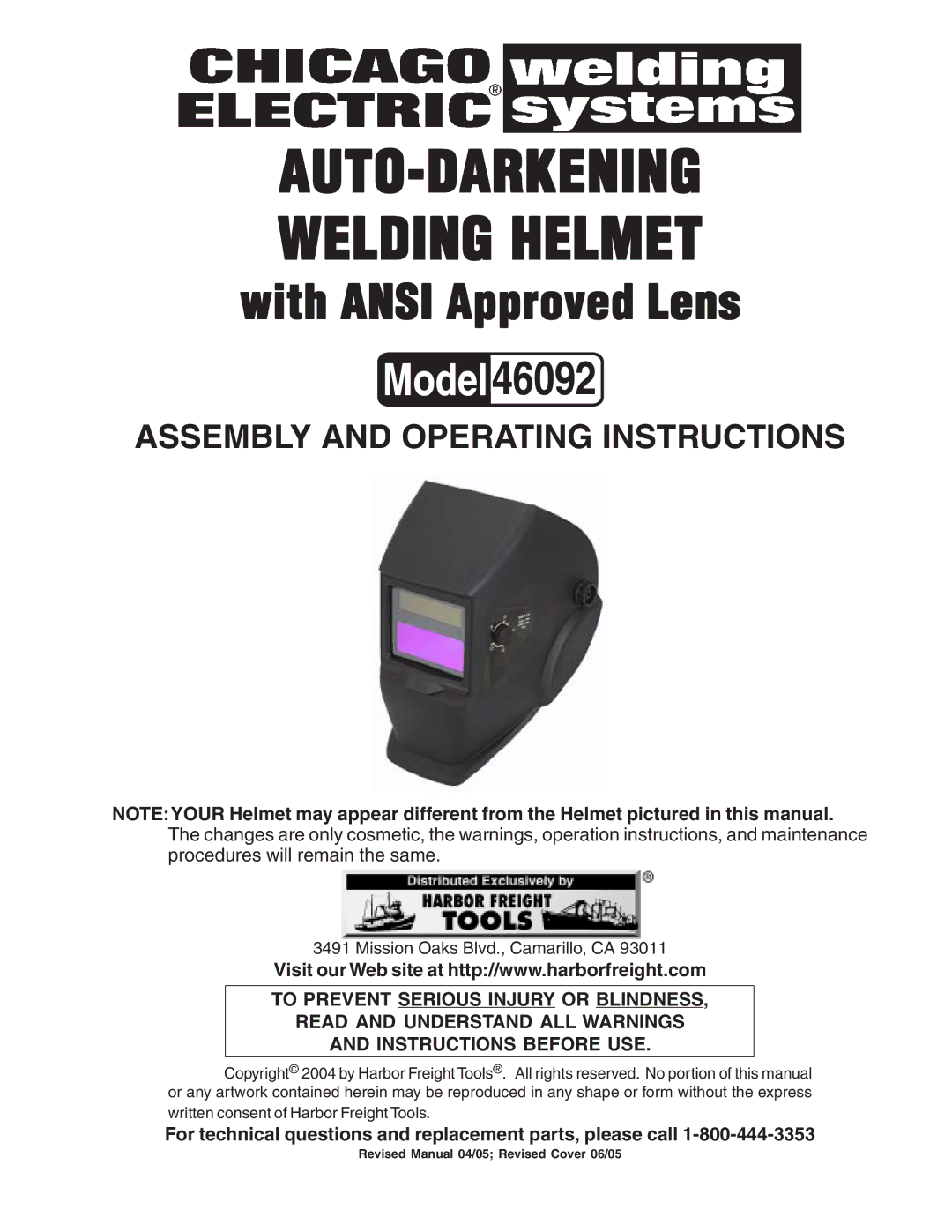 Harbor Freight Tools 46092 operating instructions AUTO-DARKENING Welding Helmet 