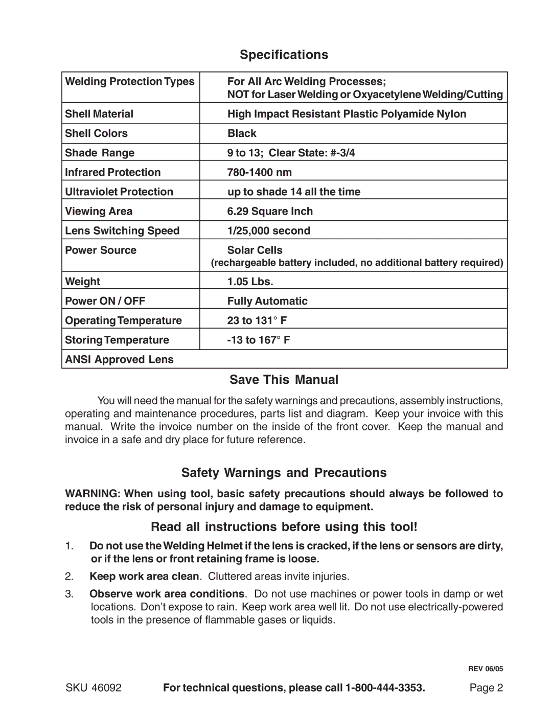 Harbor Freight Tools 46092 operating instructions Specifications, Save This Manual 