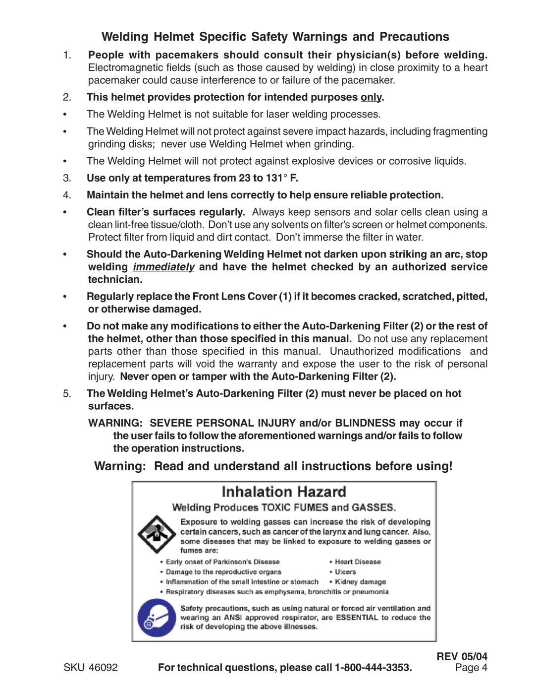 Harbor Freight Tools 46092 operating instructions Welding Helmet Specific Safety Warnings and Precautions 