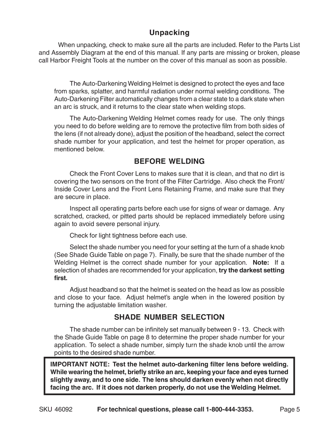 Harbor Freight Tools 46092 operating instructions Unpacking, Before Welding, Shade Number Selection 