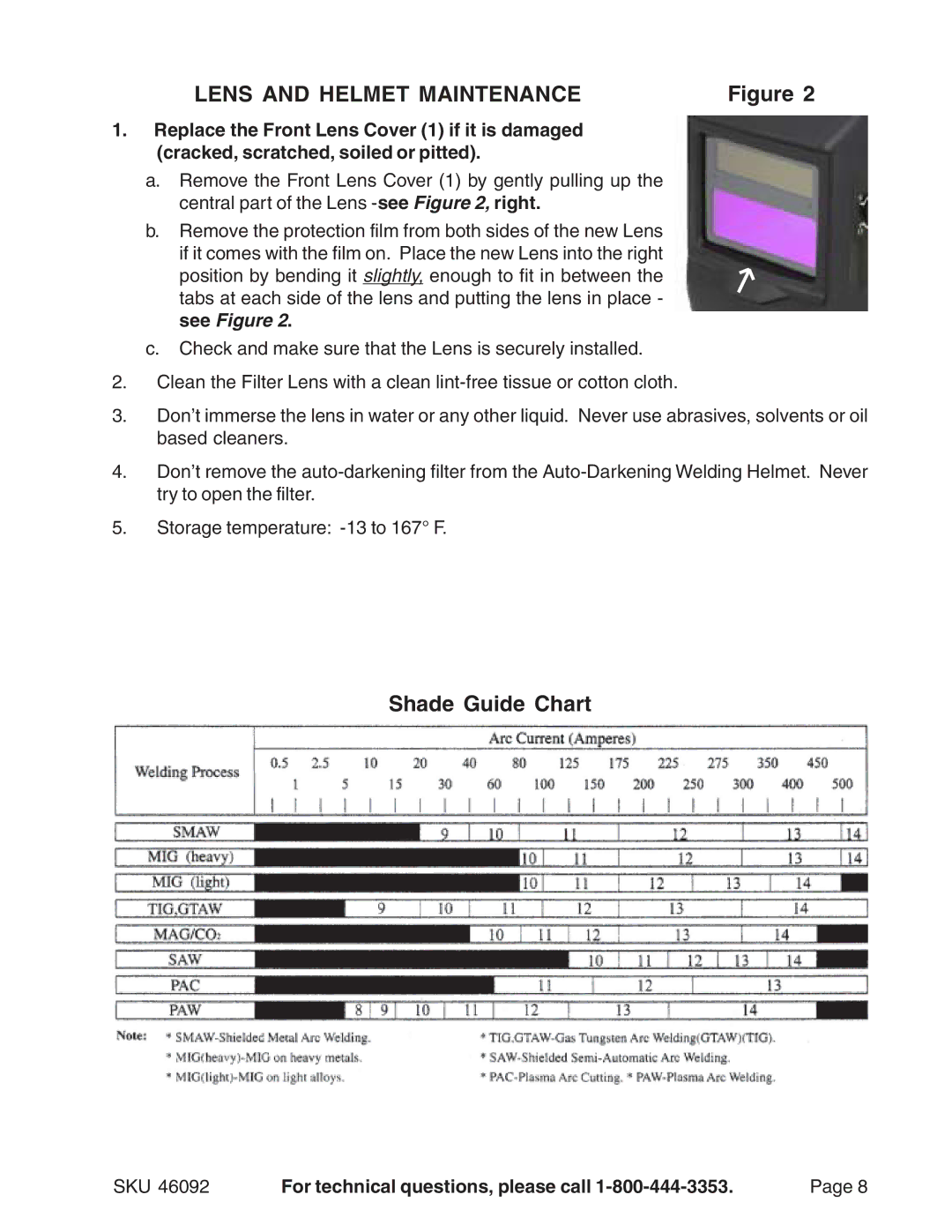 Harbor Freight Tools 46092 operating instructions Lens and Helmet Maintenance, Shade Guide Chart 