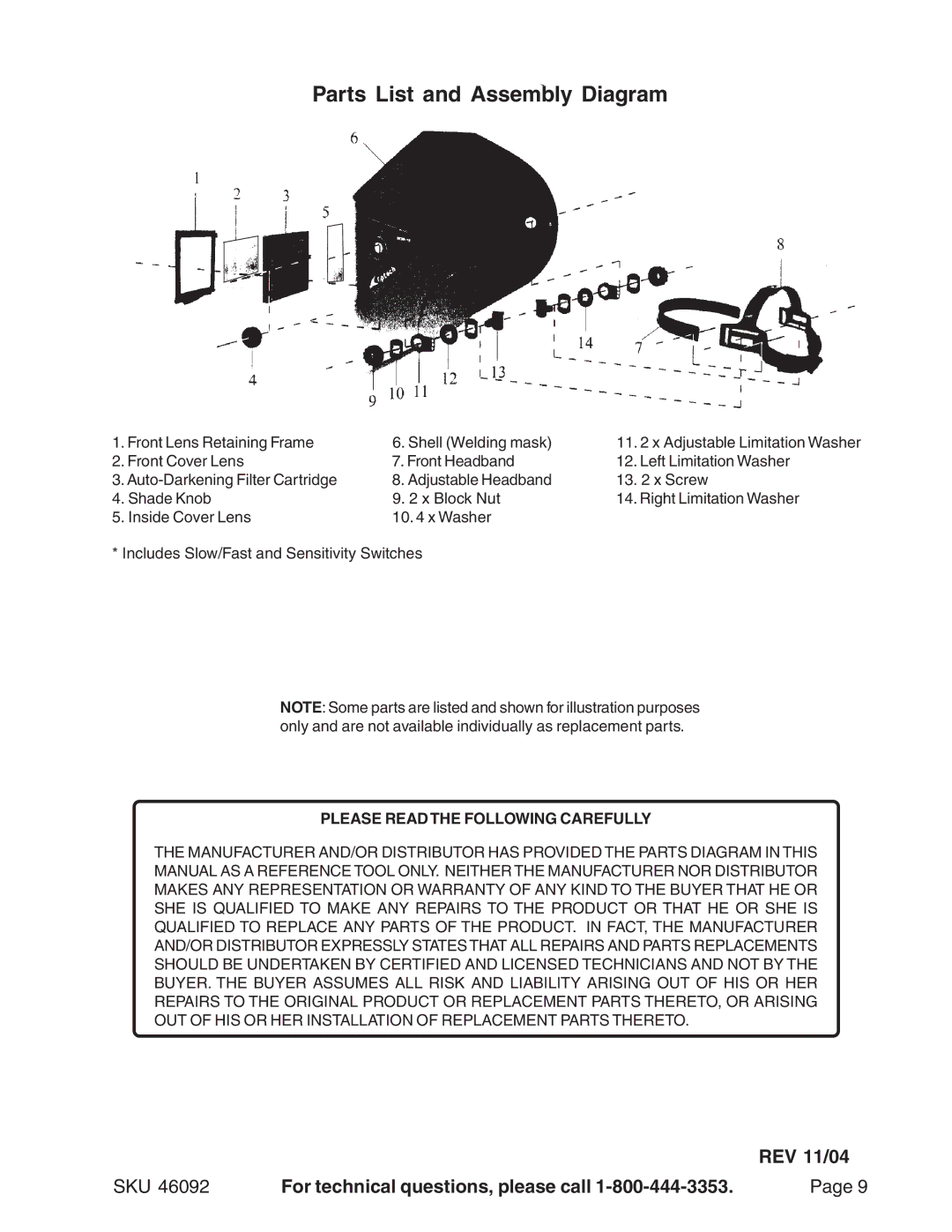 Harbor Freight Tools 46092 operating instructions Parts List and Assembly Diagram, Please Readthe Following Carefully 