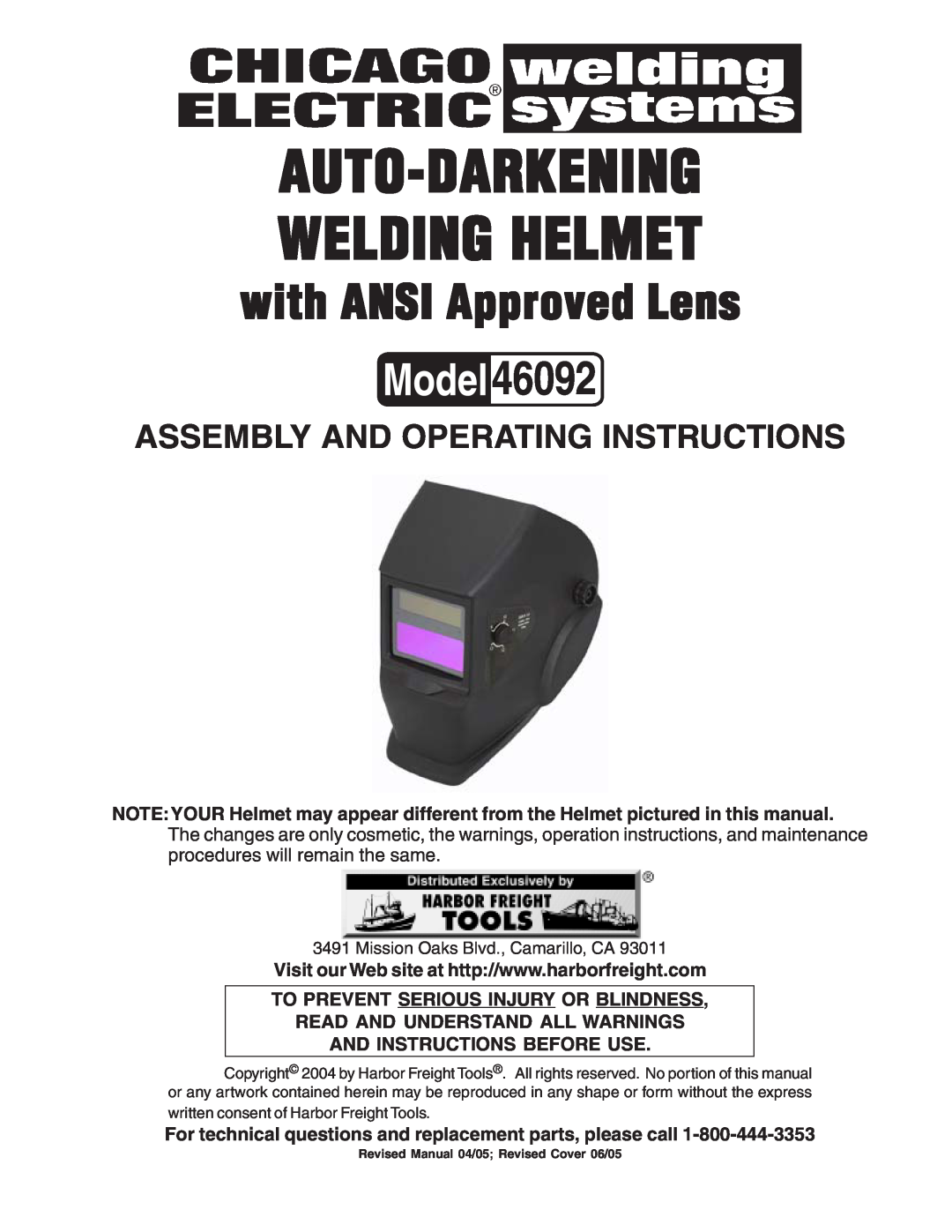 Harbor Freight Tools 46092 operating instructions To Prevent Serious Injury Or Blindness, Auto-Darkening Welding Helmet 