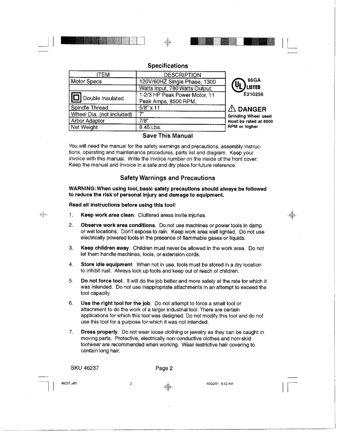 Harbor Freight Tools 46237 manual 