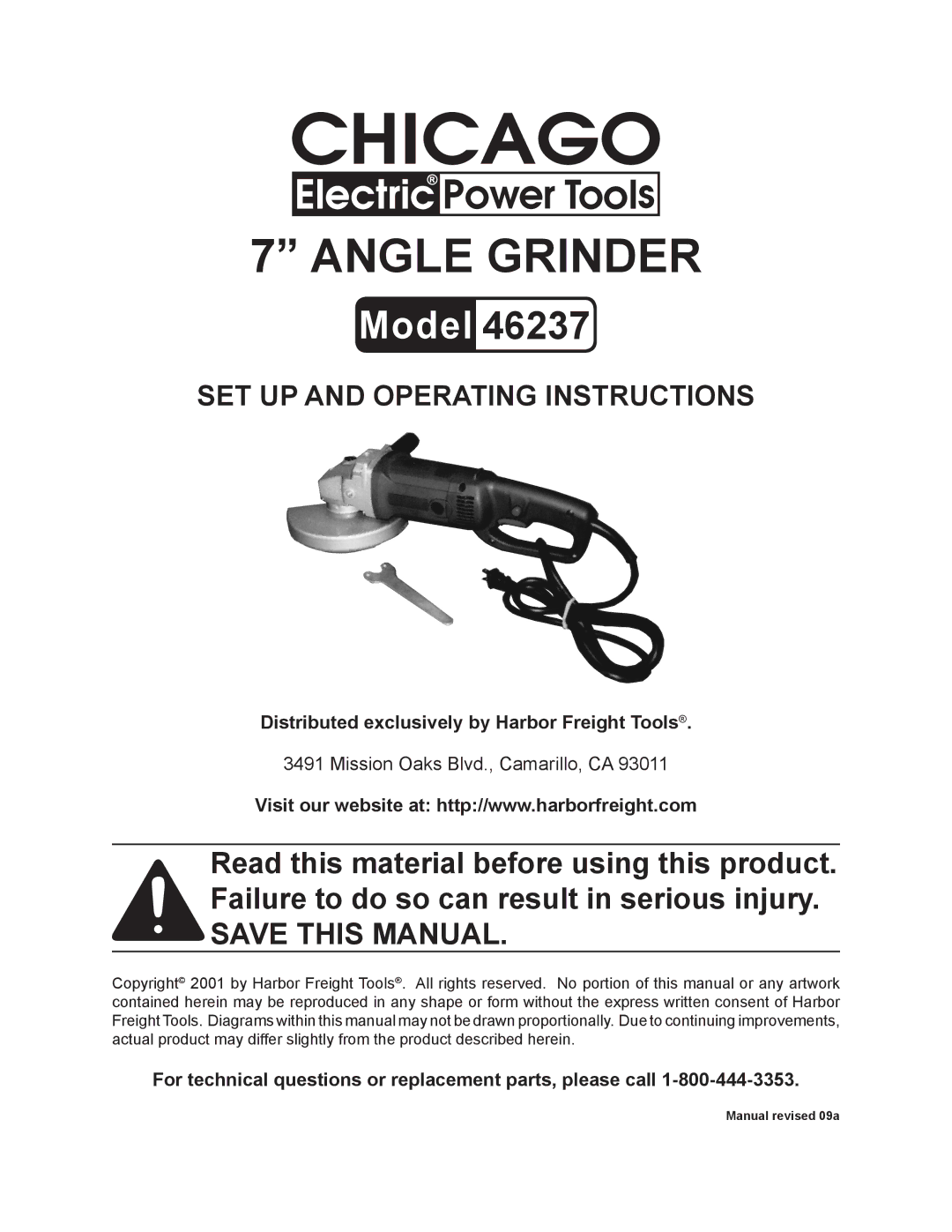 Harbor Freight Tools 46237 operating instructions Distributed exclusively by Harbor Freight Tools 