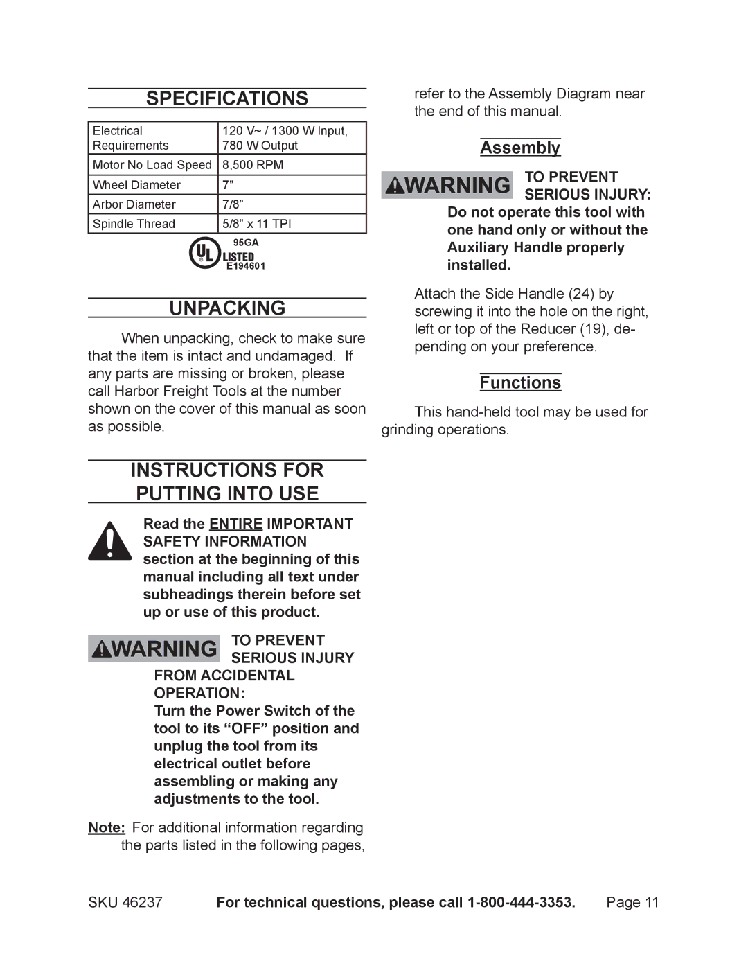 Harbor Freight Tools 46237 Specifications, Unpacking, Instructions for putting into use, Assembly, Functions 