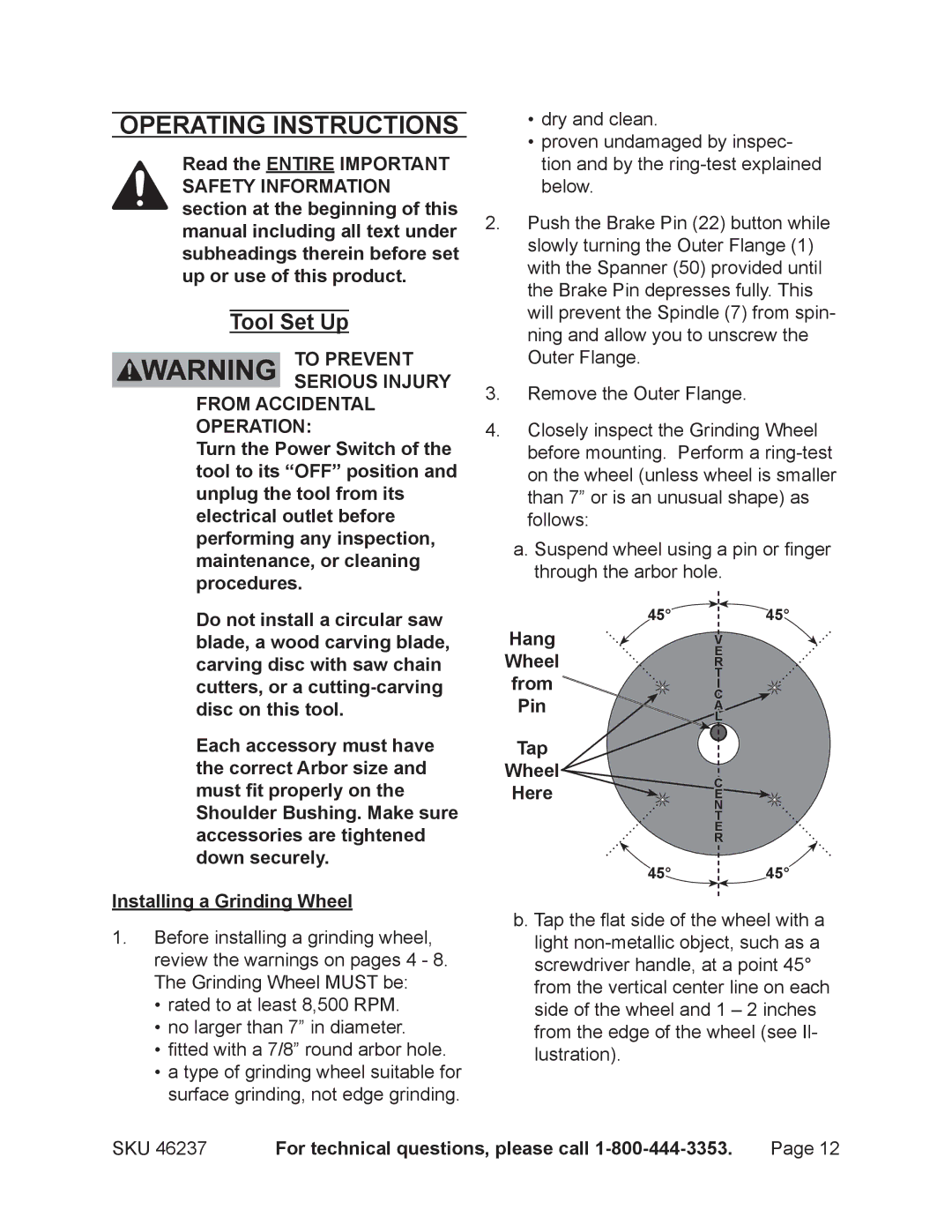 Harbor Freight Tools 46237 Operating Instructions, Tool Set Up, Wheel From, Wheel Here Installing a Grinding Wheel 