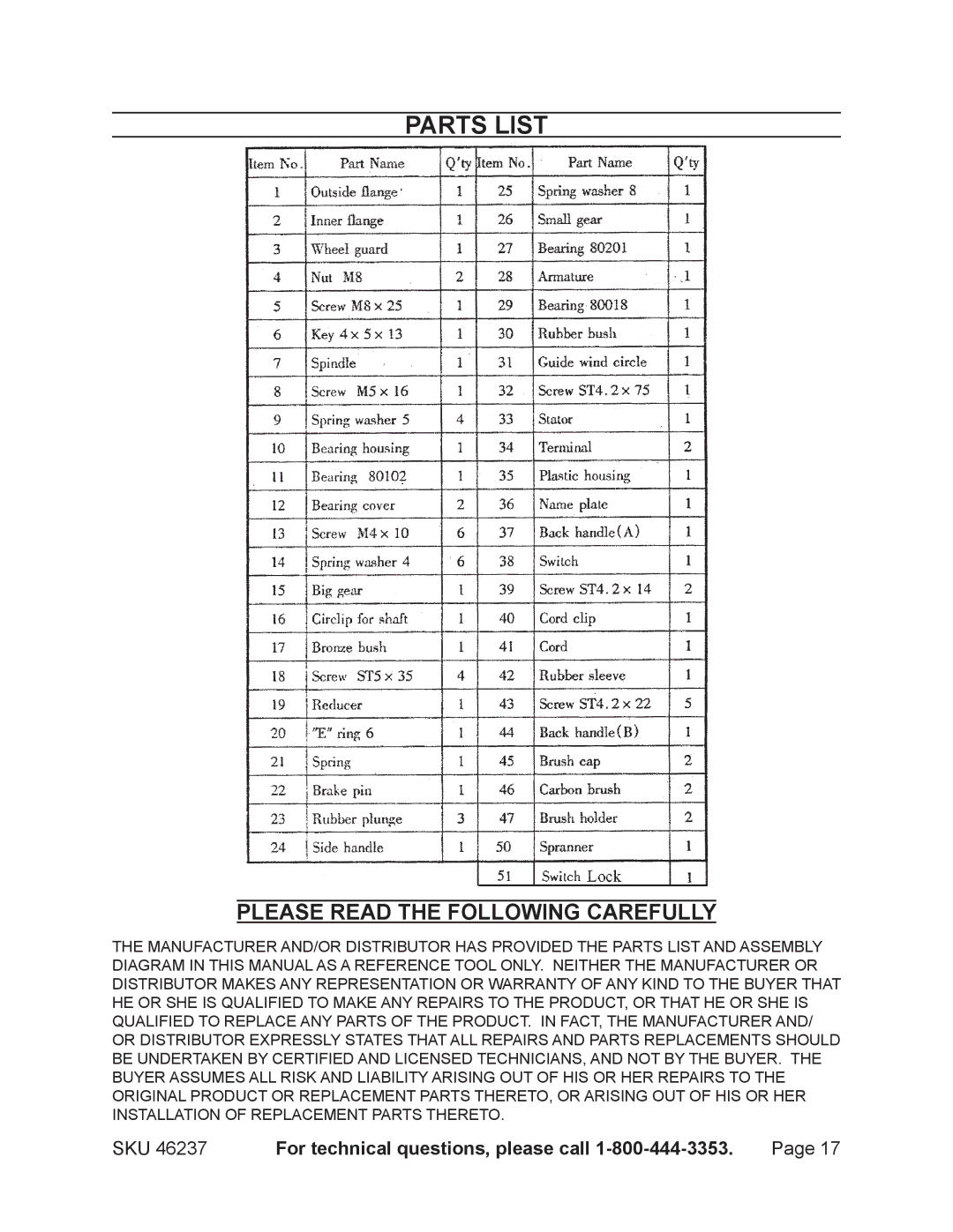 Harbor Freight Tools 46237 operating instructions Parts List, Please Read the Following Carefully 