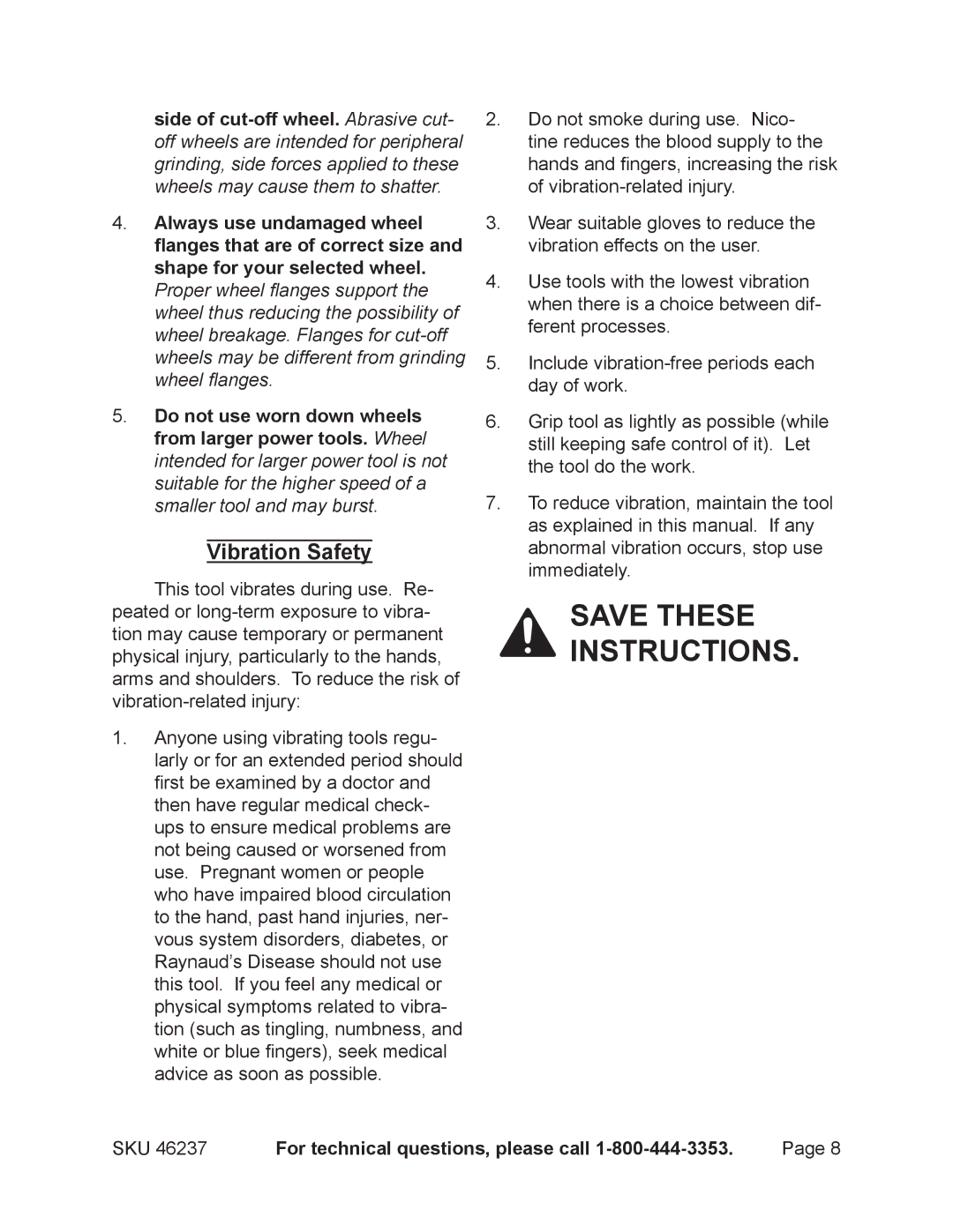 Harbor Freight Tools 46237 operating instructions Vibration Safety 