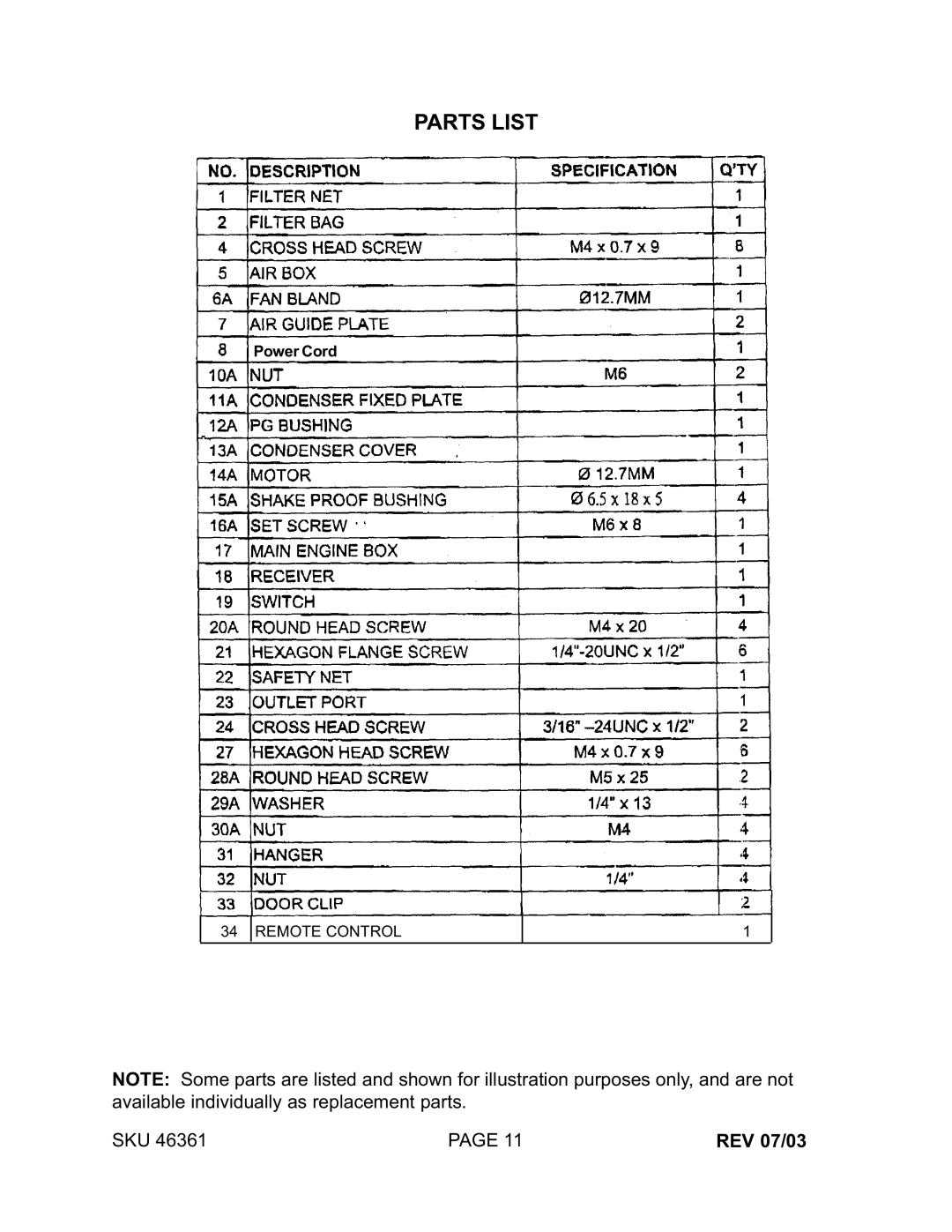 Harbor Freight Tools 46361 manual Parts List 