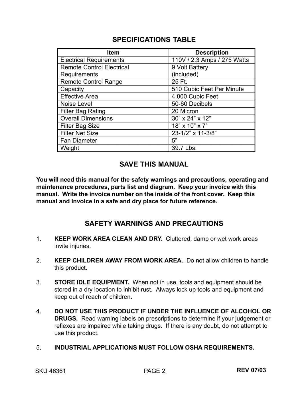 Harbor Freight Tools 46361 manual Specifications Table Save this Manual, Safety Warnings and Precautions 