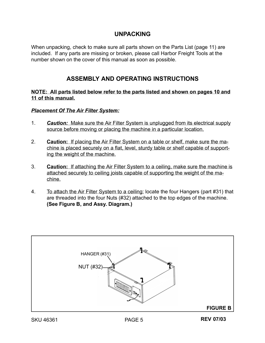 Harbor Freight Tools 46361 manual Unpacking, Assembly and Operating Instructions 