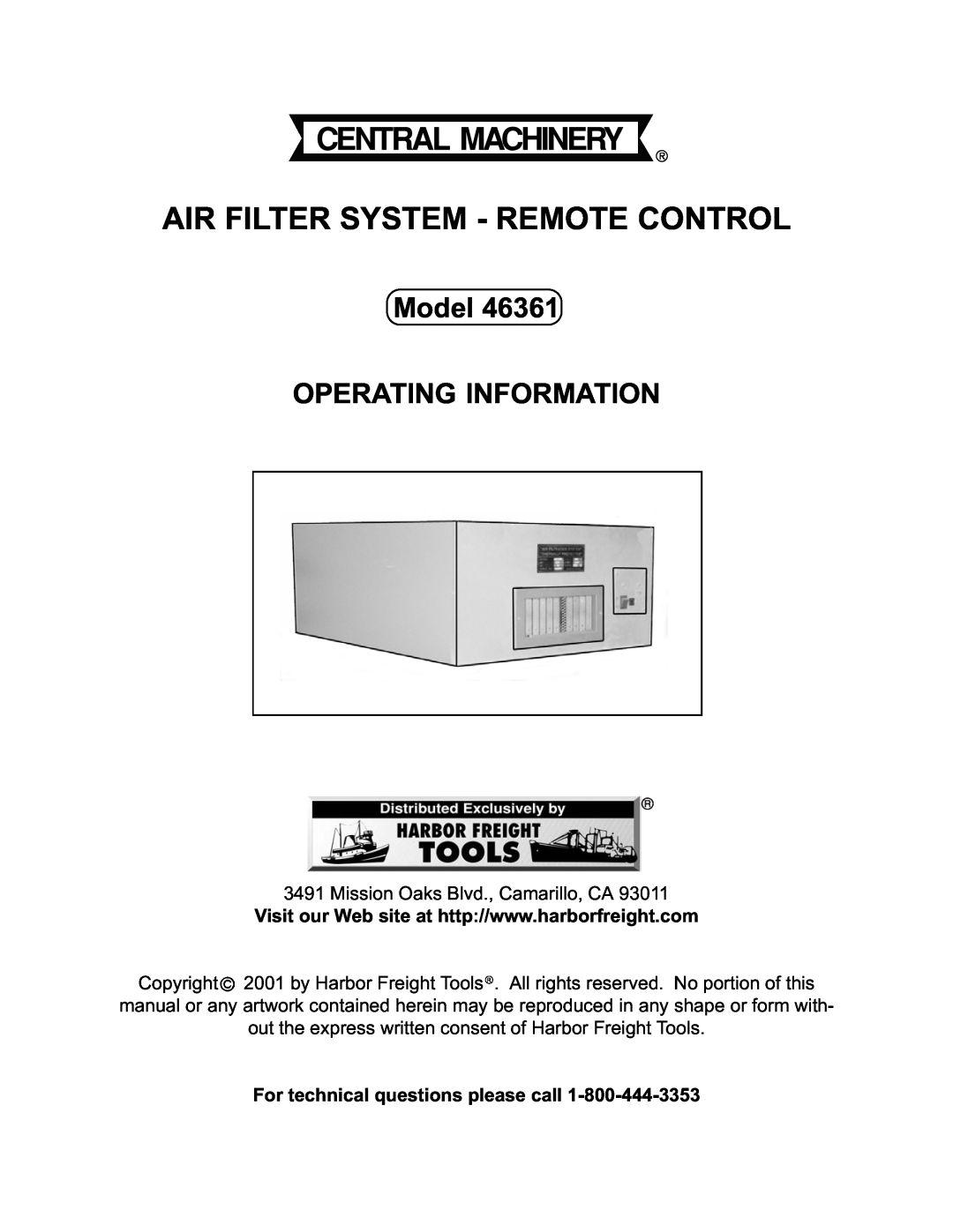 Harbor Freight Tools 46361 manual Model OPERATING INFORMATION, Air Filter System - Remote Control 