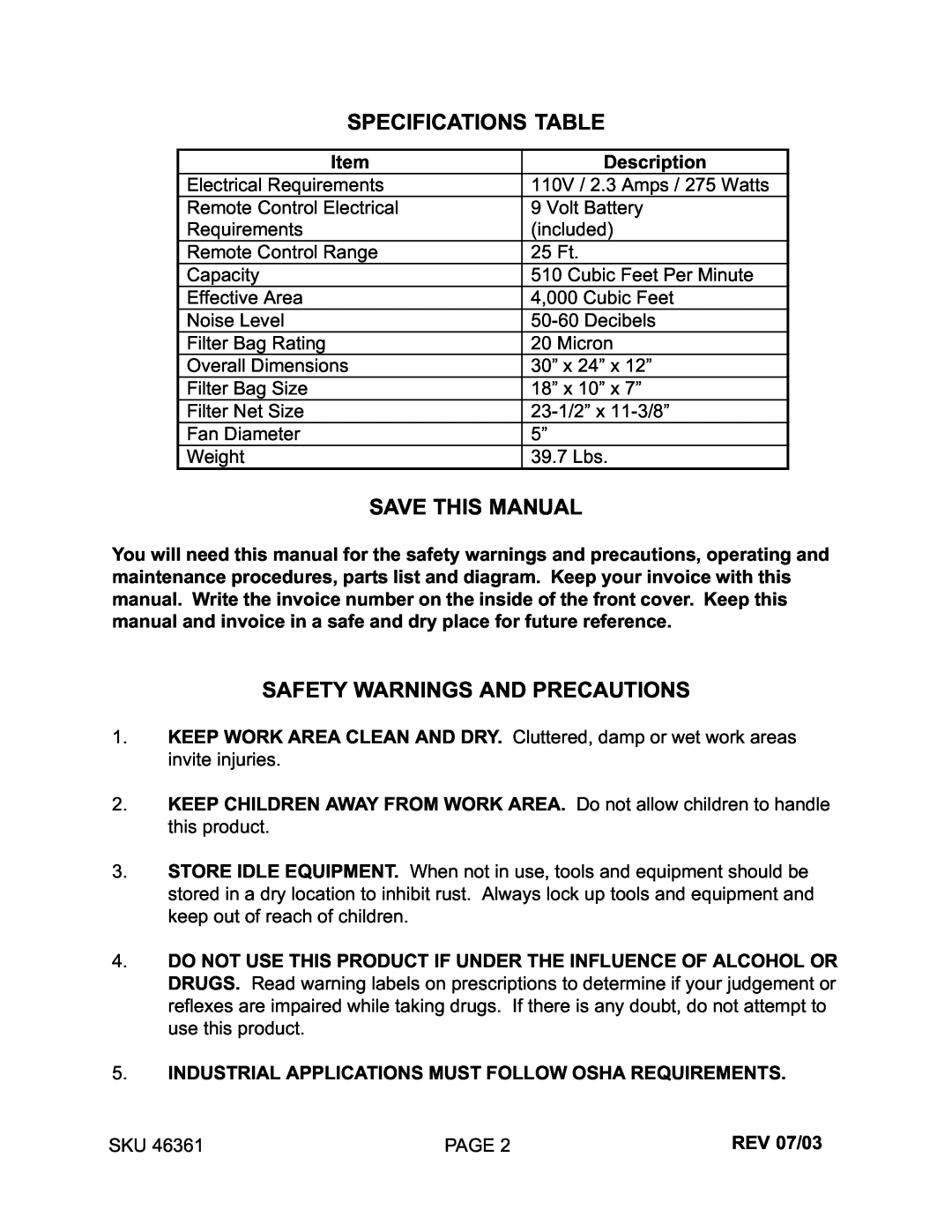 Harbor Freight Tools 46361 manual Specifications Table Save This Manual, Safety Warnings And Precautions 