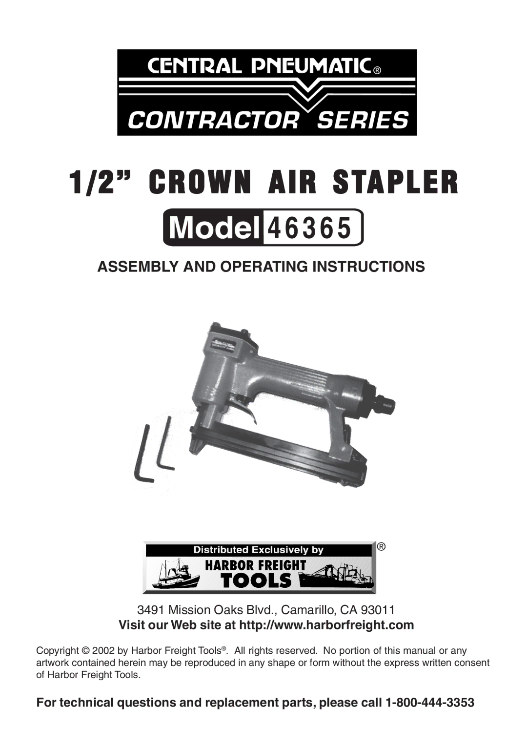 Harbor Freight Tools 46365 operating instructions Crown AIR Stapler 