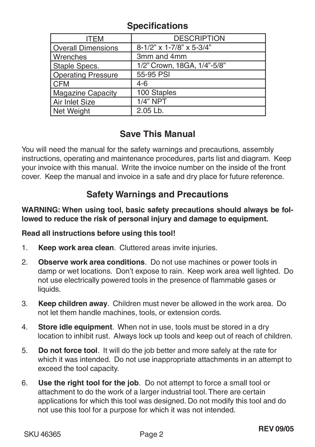 Harbor Freight Tools 46365 operating instructions Specifications, Save This Manual, Safety Warnings and Precautions 