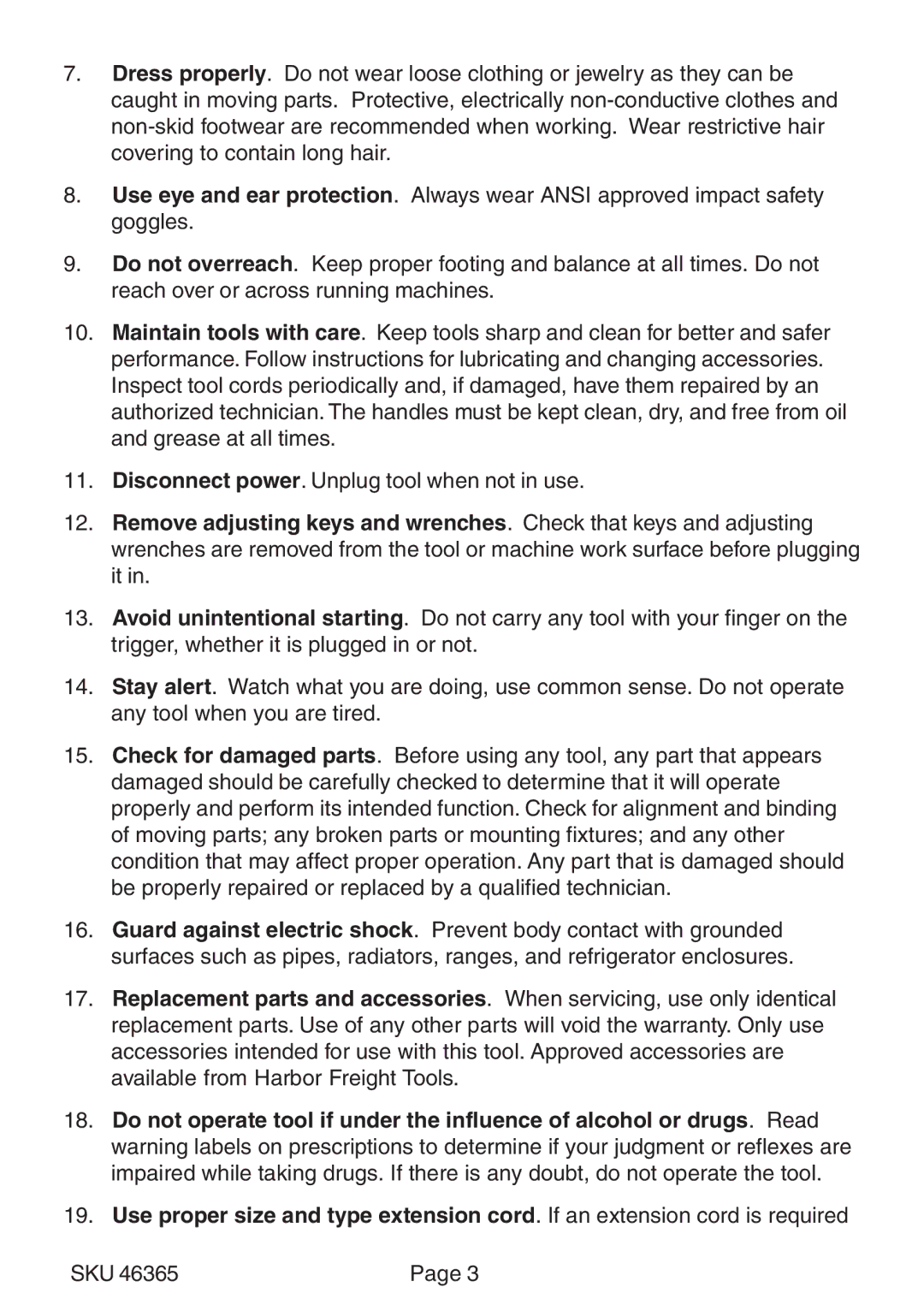 Harbor Freight Tools 46365 operating instructions Sku 