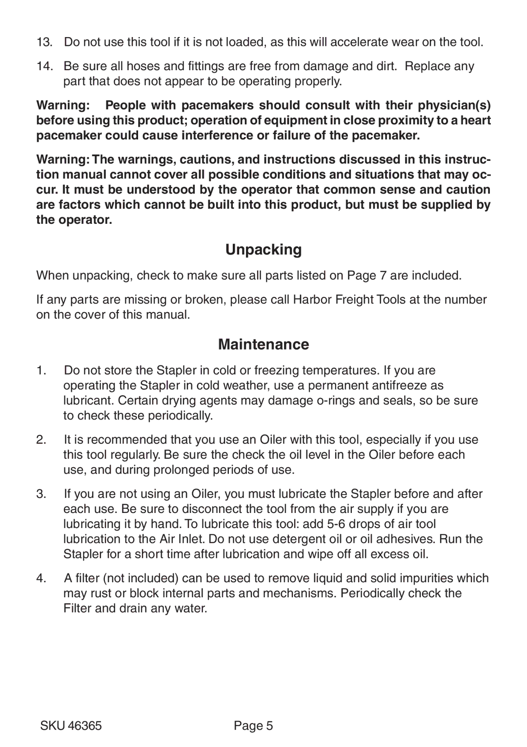 Harbor Freight Tools 46365 operating instructions Unpacking, Maintenance 