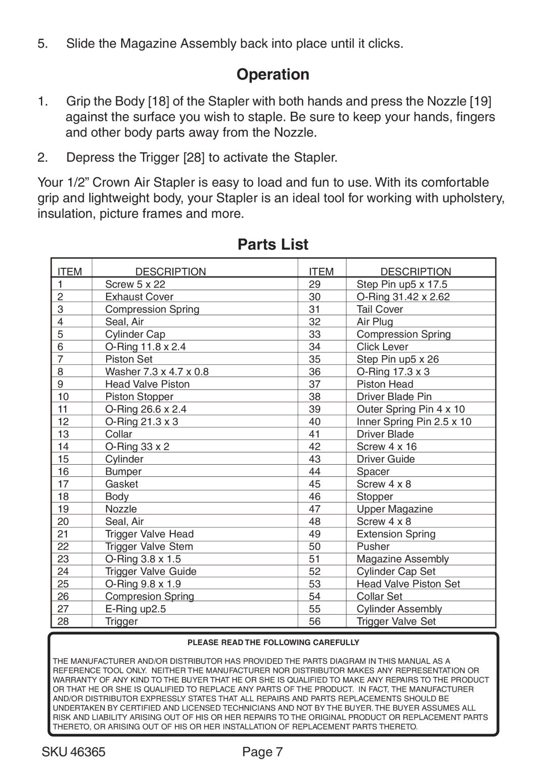 Harbor Freight Tools 46365 operating instructions Operation, Parts List 