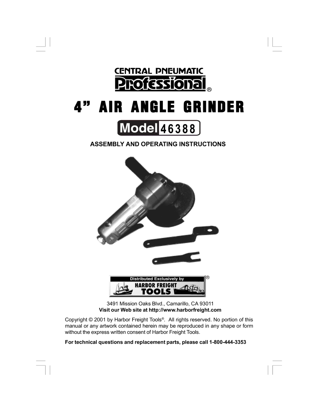 Harbor Freight Tools 46388 operating instructions AIR Angle Grinder 