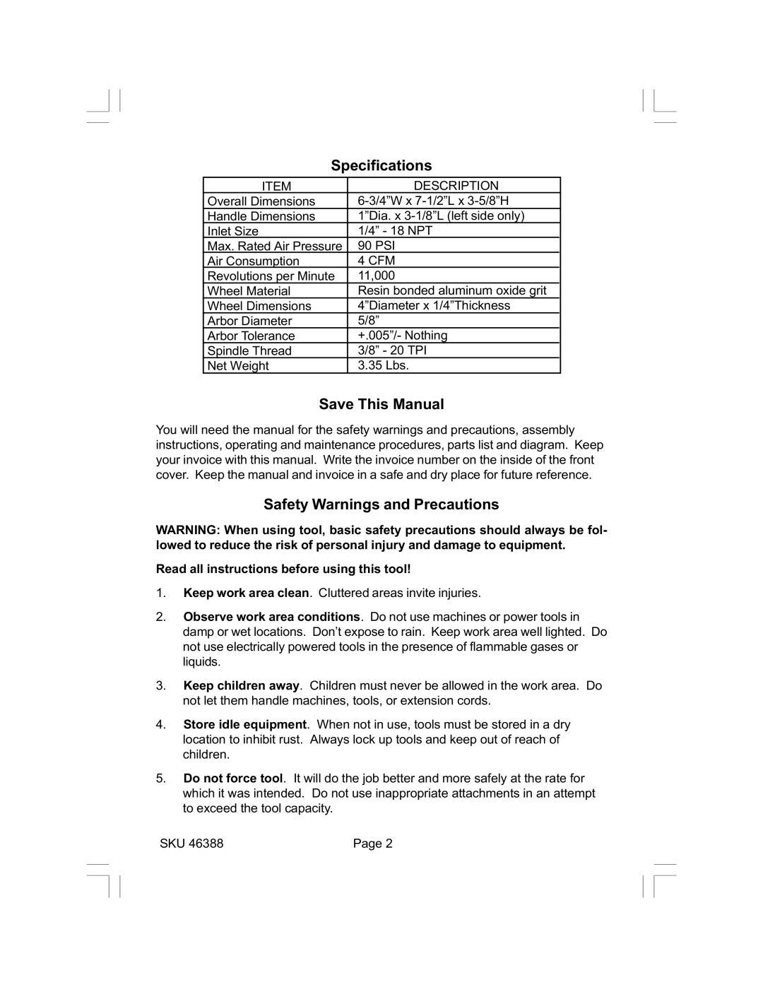 Harbor Freight Tools 46388 Specifications, Save This Manual, Safety Warnings and Precautions, Description, Cfm 