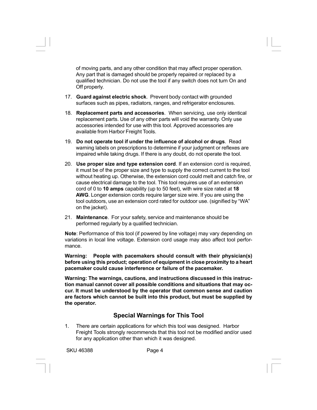 Harbor Freight Tools 46388 operating instructions Special Warnings for This Tool 