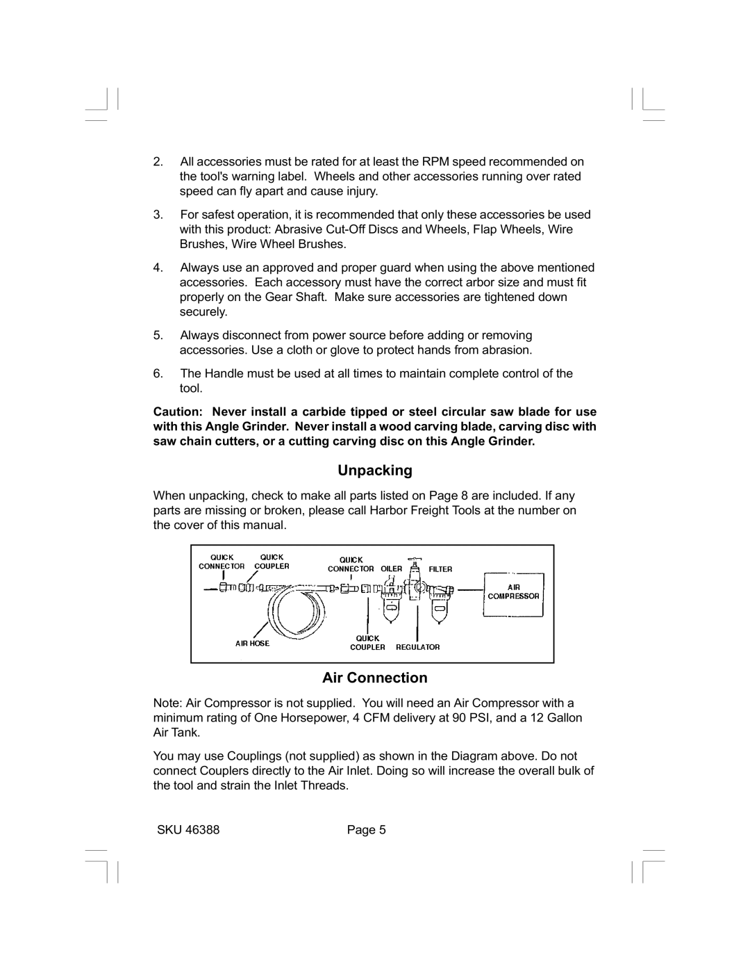 Harbor Freight Tools 46388 operating instructions Unpacking, Air Connection 