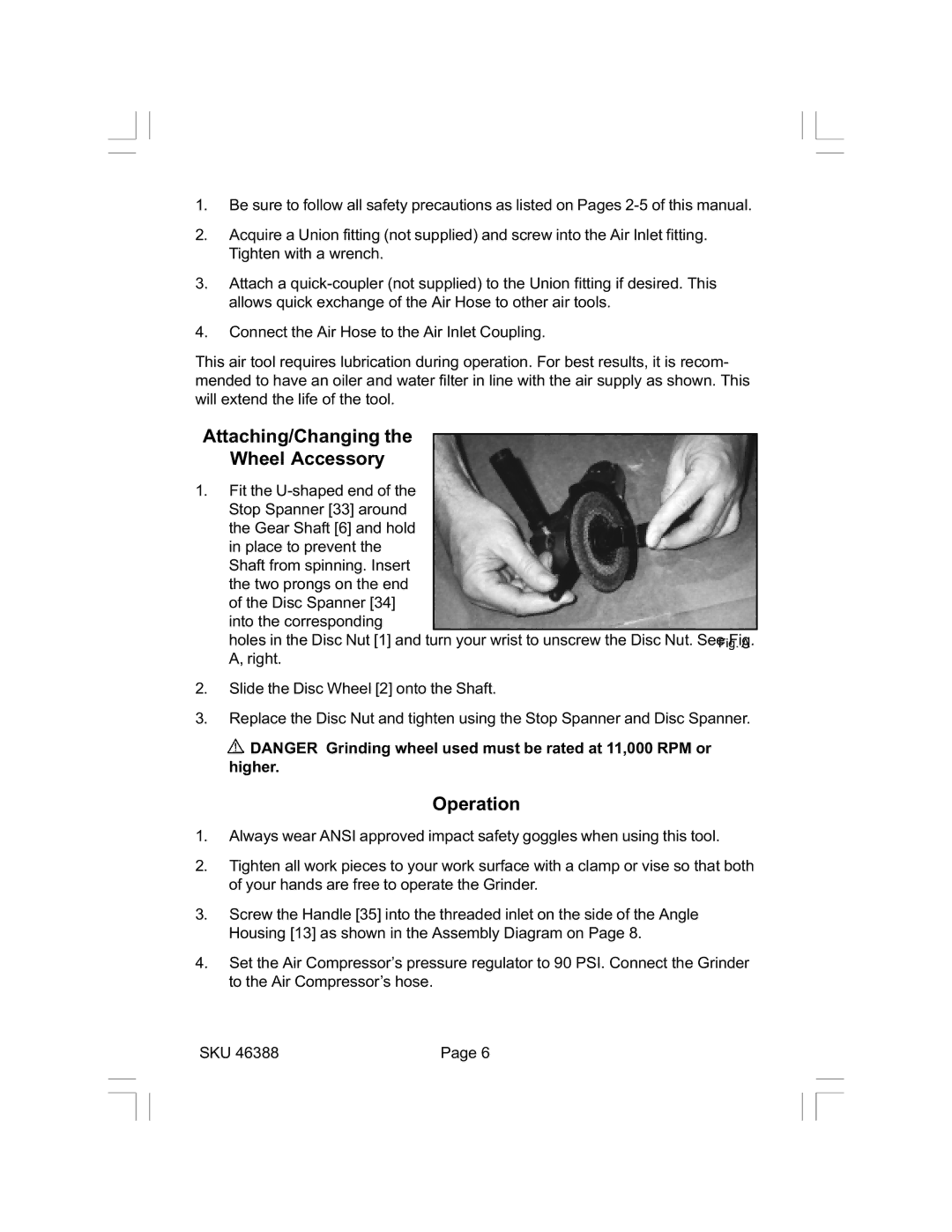 Harbor Freight Tools 46388 operating instructions Attaching/Changing Wheel Accessory, Operation 