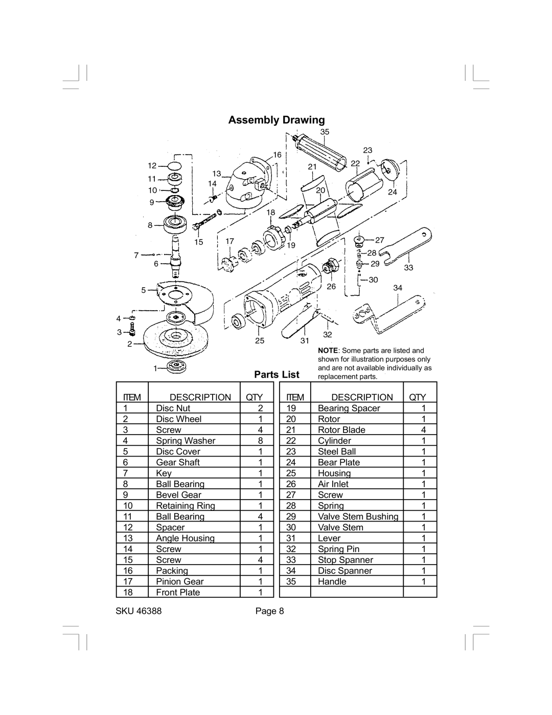 Harbor Freight Tools 46388 operating instructions Assembly Drawing, Description QTY 