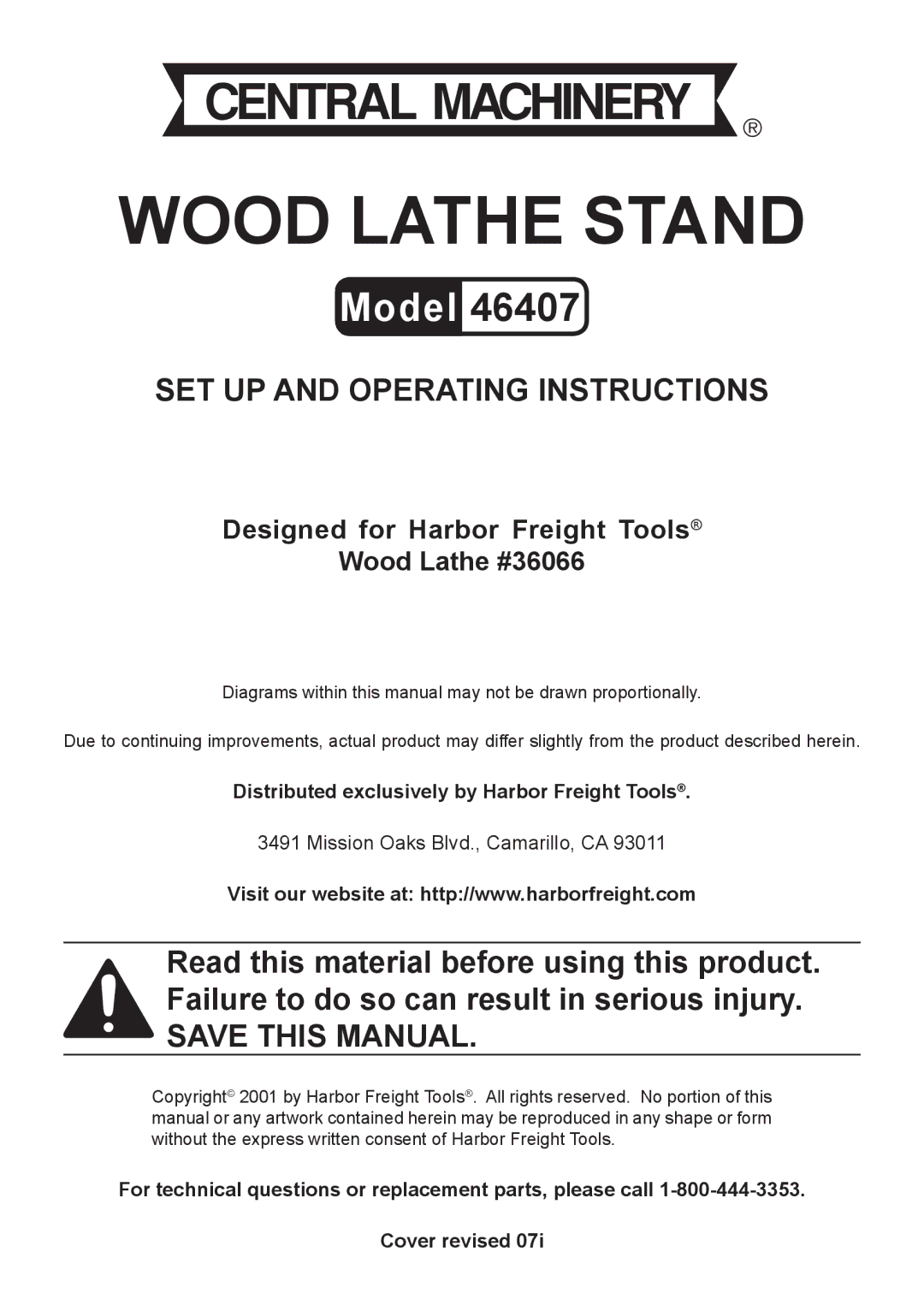 Harbor Freight Tools 46407 operating instructions Wood Lathe Stand, Designed for Harbor Freight Tools Wood Lathe #36066 