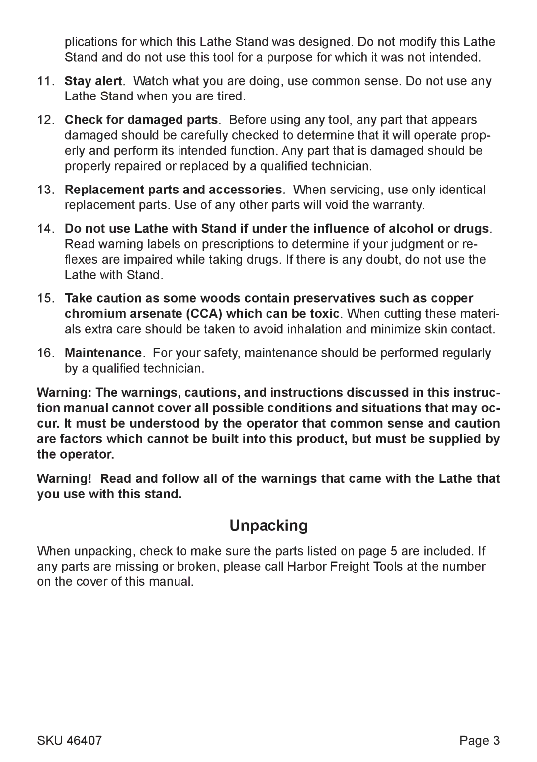 Harbor Freight Tools 46407 operating instructions Unpacking 