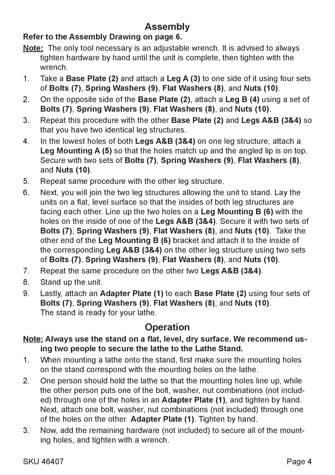 Harbor Freight Tools 46407 operating instructions Operation, Refer to the Assembly Drawing on 