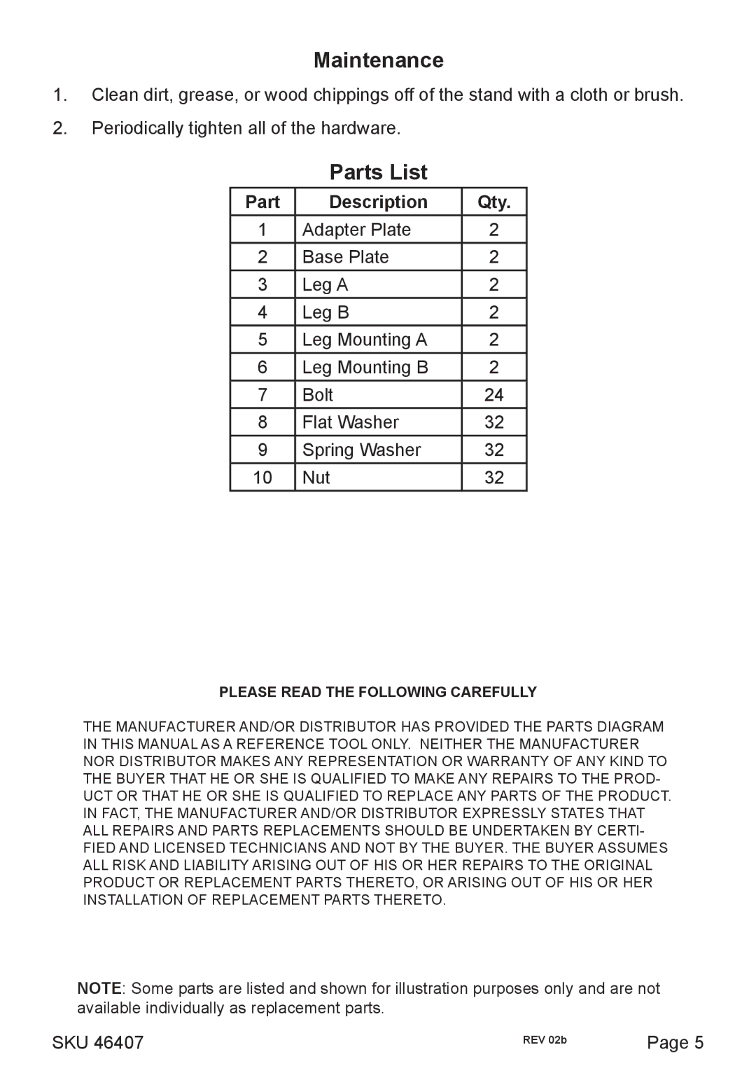 Harbor Freight Tools 46407 operating instructions Maintenance, Parts List, Part Description Qty 